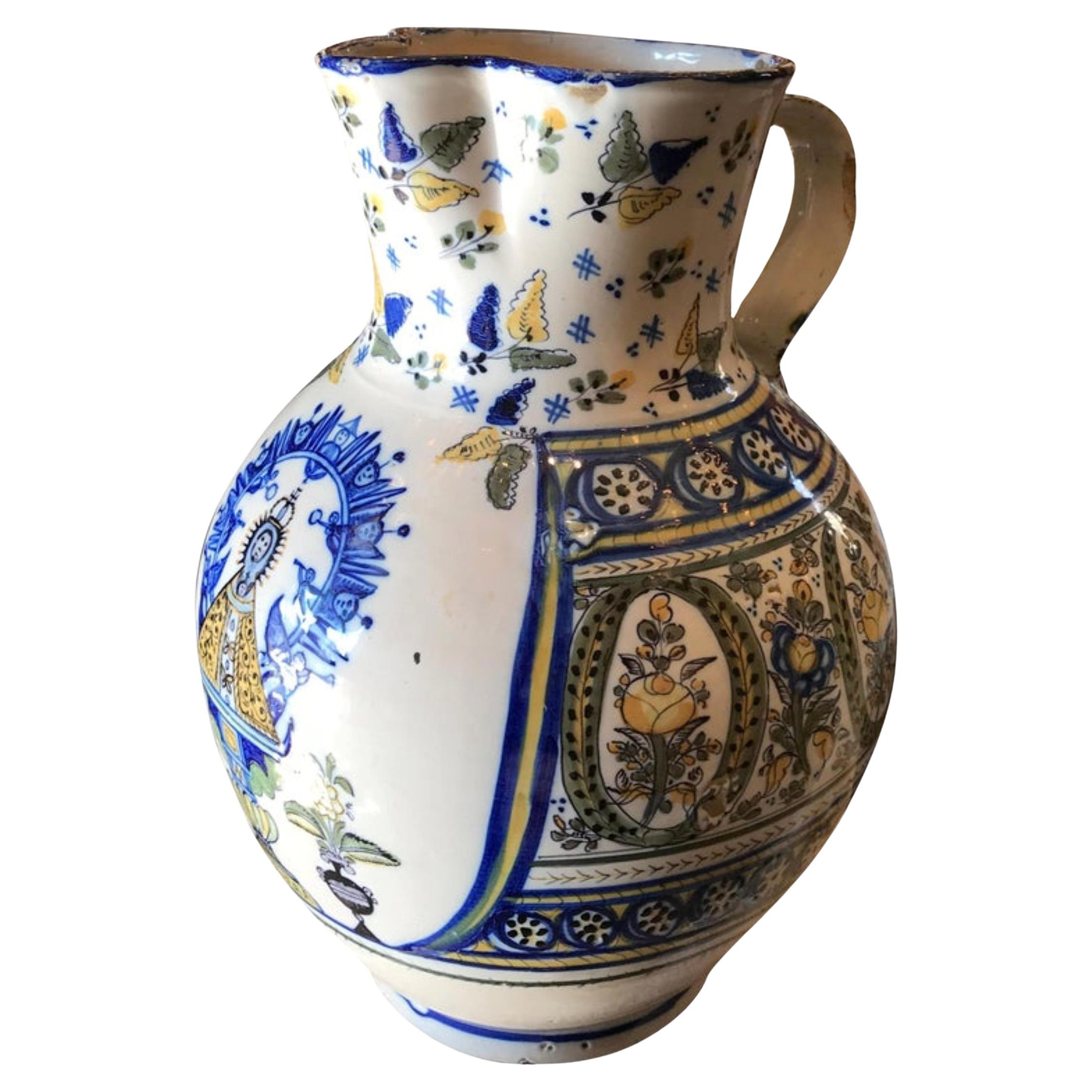 Brocca Talavera De La Reina spagnola del XVIII secolo Vaso Bucaro Botijo Centrotavola Rustico