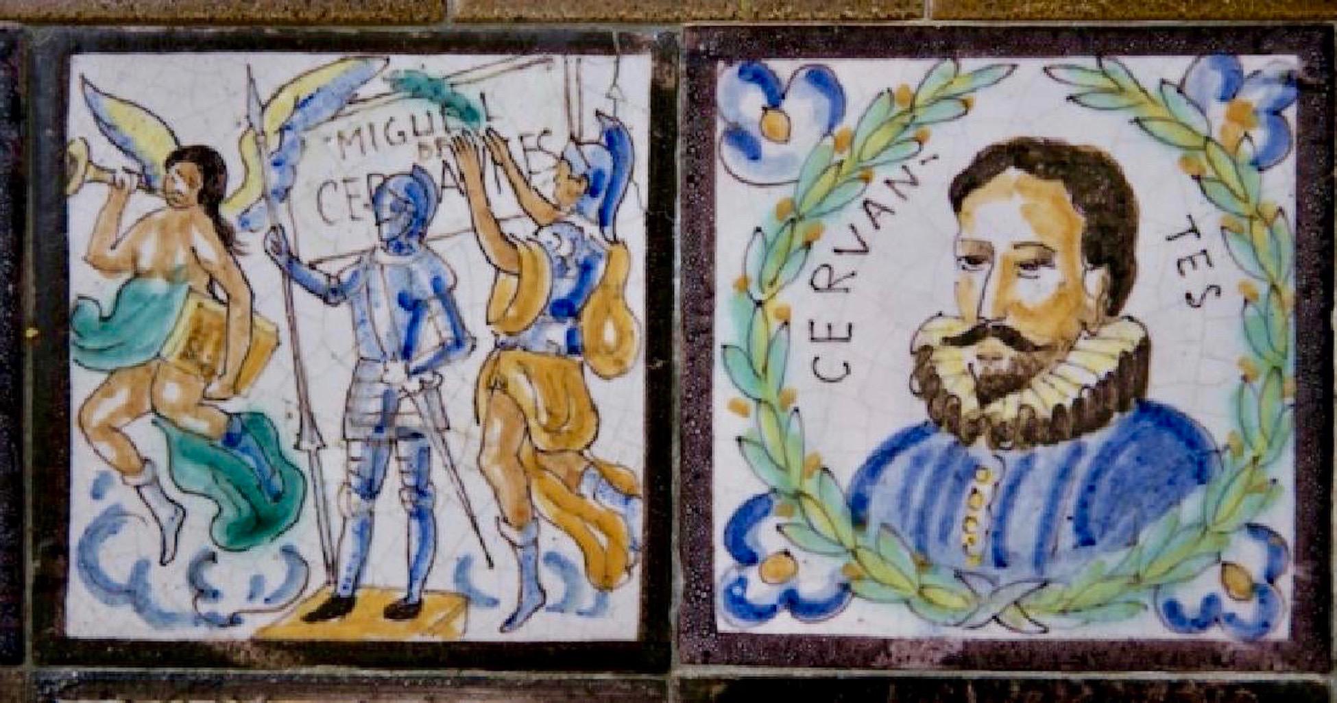 Late 18th-early 19th century monumental installation of 180 antique Spanish ceramic tiles, hand painted, illustrating the story and characters of Don Quixote. Ceramic Art inspired by the literary arts manifested in Folk Art form. Astonishing level