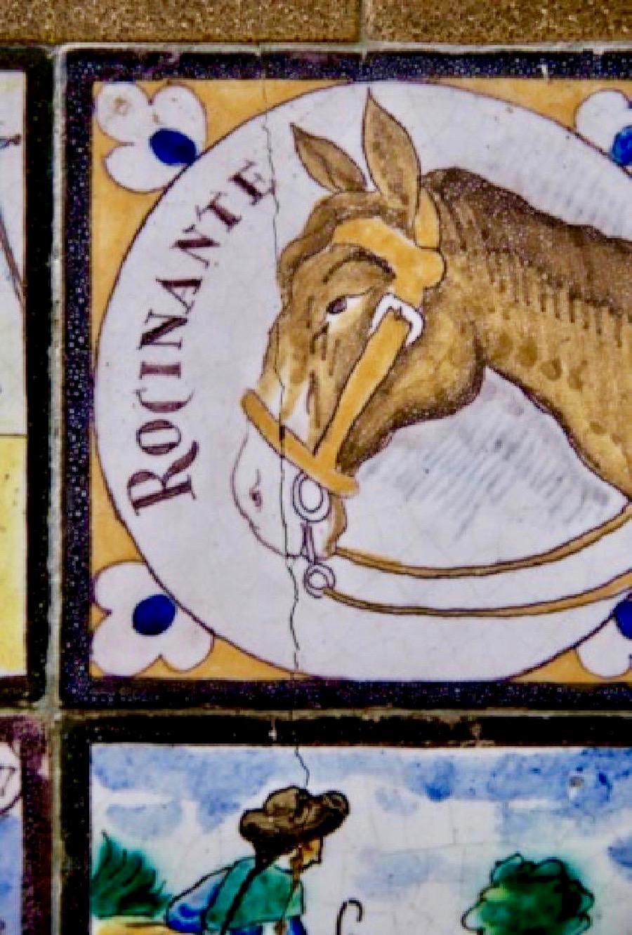Spanish Tile Wall Don Quixote Ceramic Hand Painted Narrative Folk Art In Fair Condition In Brooklyn, NY