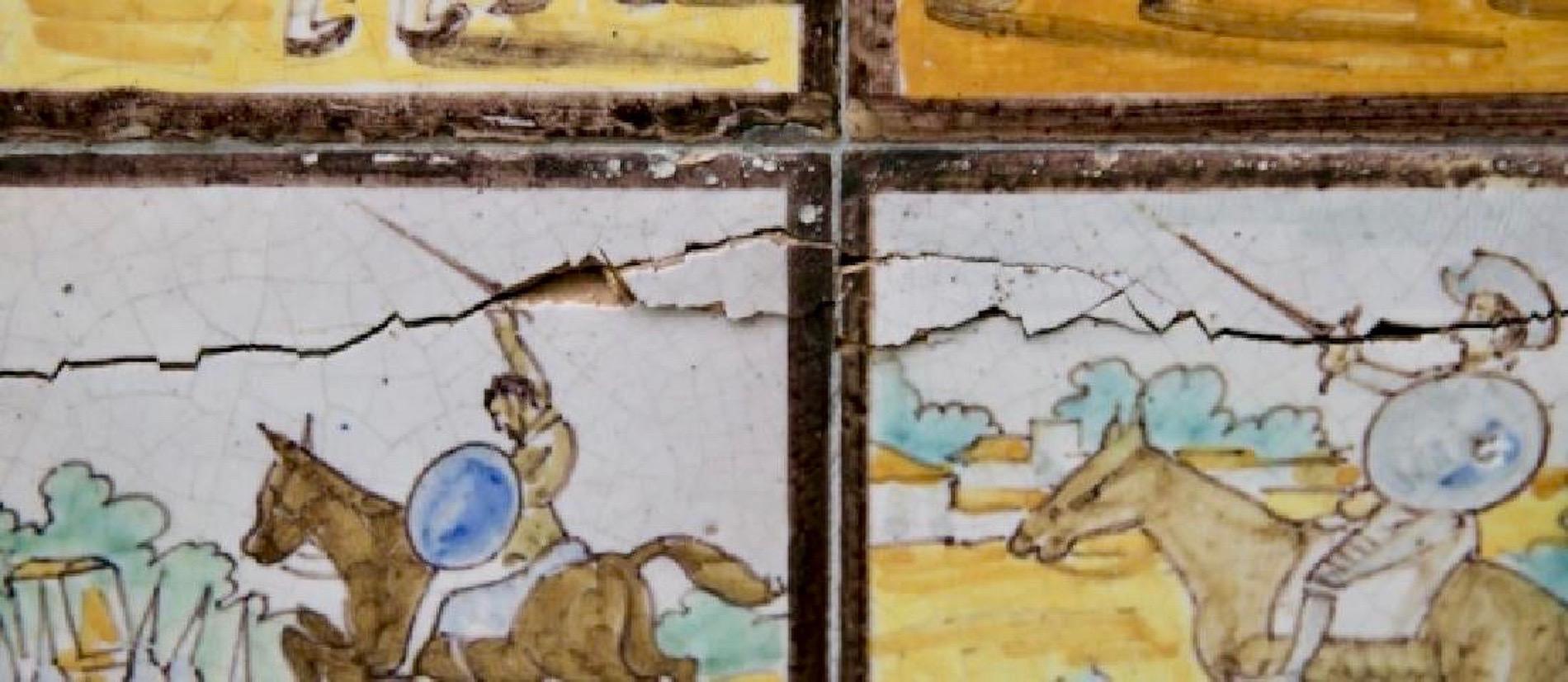 18th Century Spanish Tile Wall Don Quixote Ceramic Hand Painted Narrative Folk Art