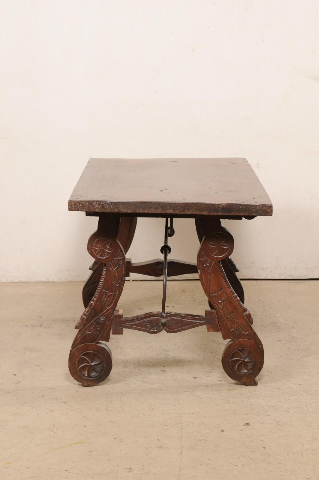 18th C. Spanish Walnut Stretcher Table w/Beautifully Carved Lyre Legs For Sale 6