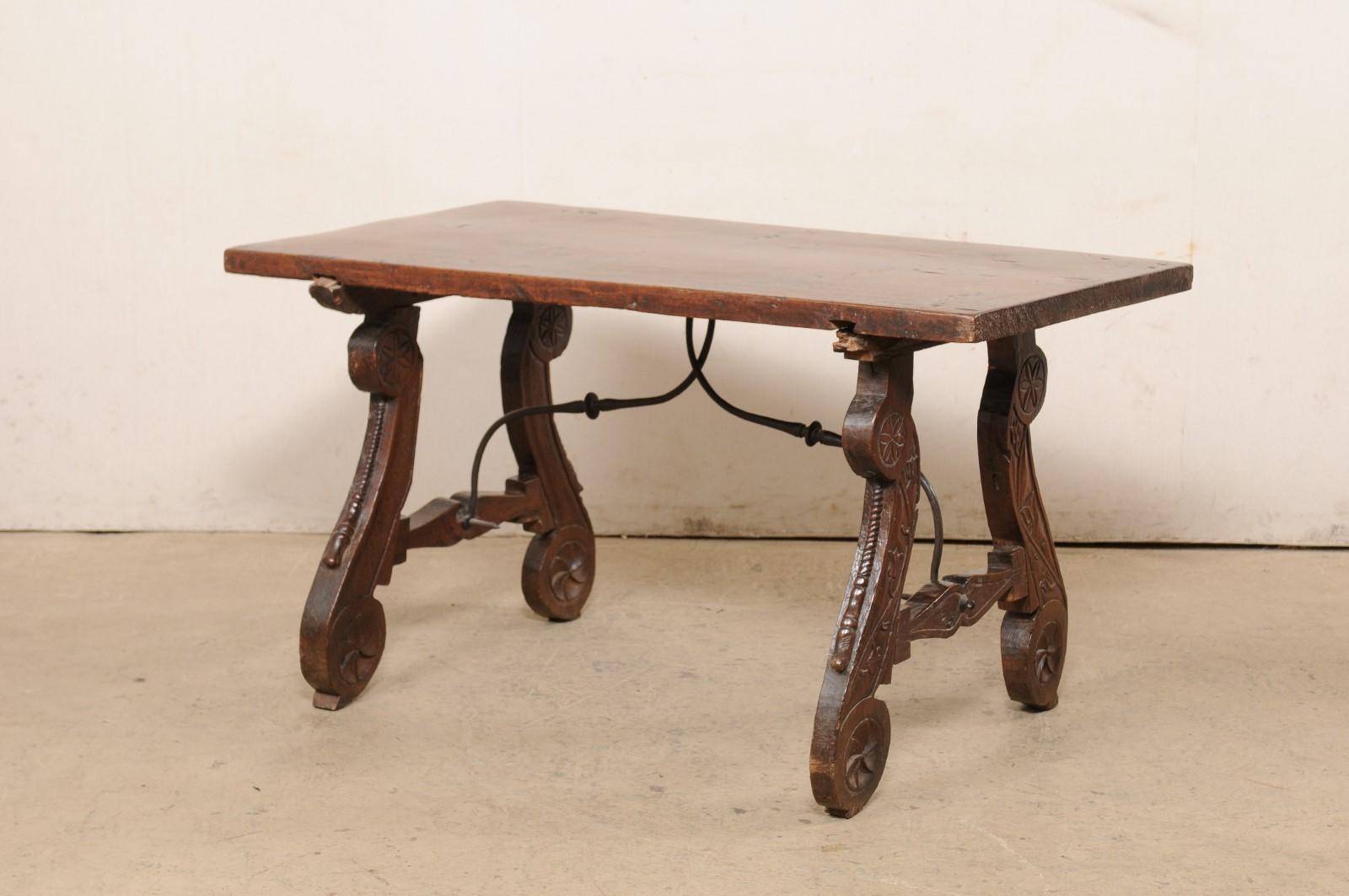 18th C. Spanish Walnut Stretcher Table w/Beautifully Carved Lyre Legs For Sale 7