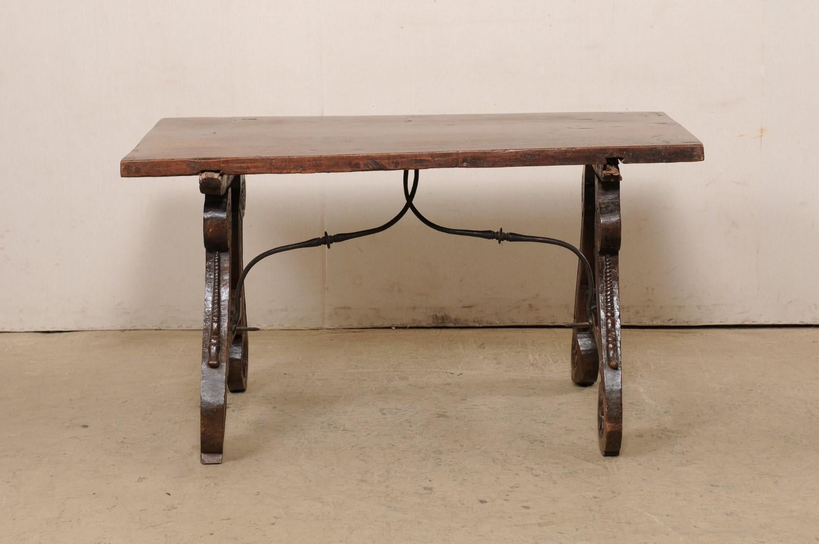18th C. Spanish Walnut Stretcher Table w/Beautifully Carved Lyre Legs For Sale 8