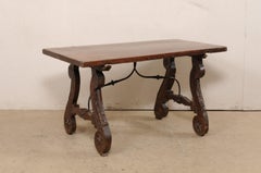 18th C. Spanish Walnut Stretcher Table w/Beautifully Carved Lyre Legs