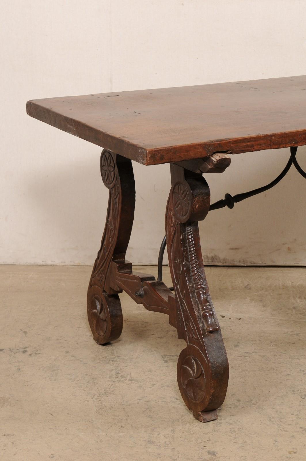 18th C. Spanish Walnut Stretcher Table w/Beautifully Carved Lyre Legs In Good Condition For Sale In Atlanta, GA