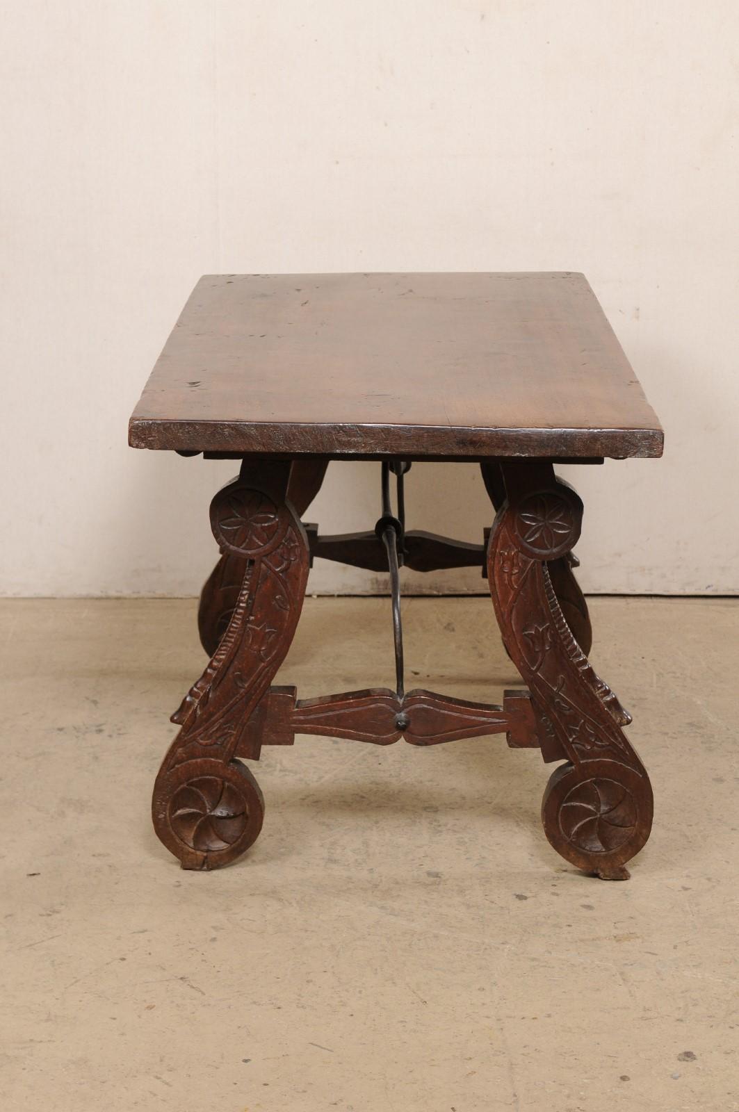 18th Century and Earlier 18th C. Spanish Walnut Stretcher Table w/Beautifully Carved Lyre Legs For Sale