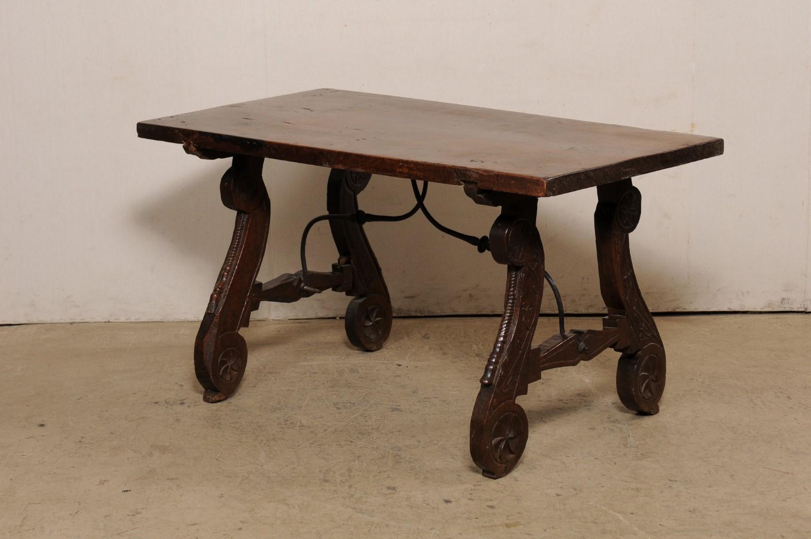 18th C. Spanish Walnut Stretcher Table w/Beautifully Carved Lyre Legs For Sale 1