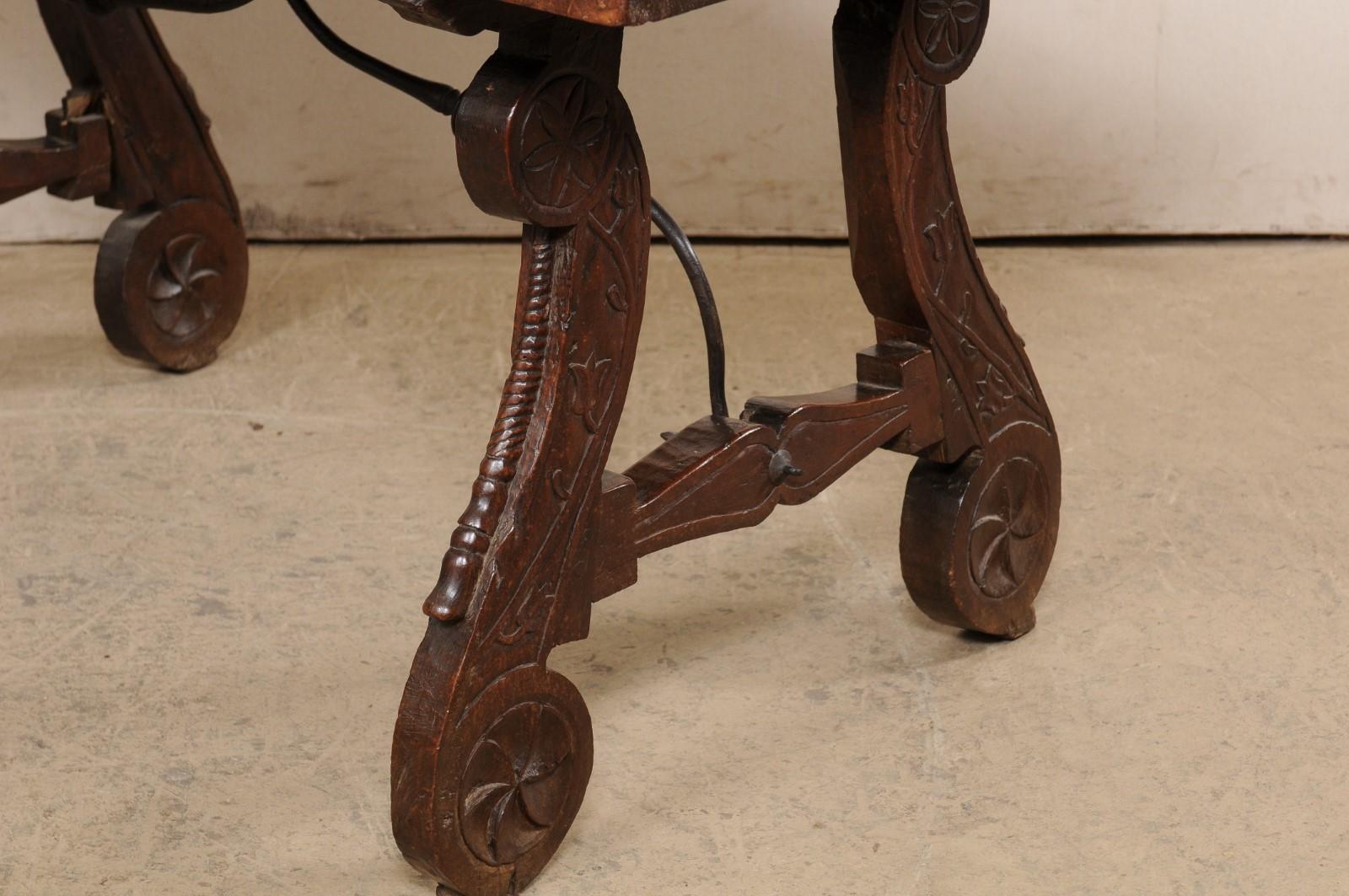 18th C. Spanish Walnut Stretcher Table w/Beautifully Carved Lyre Legs For Sale 2