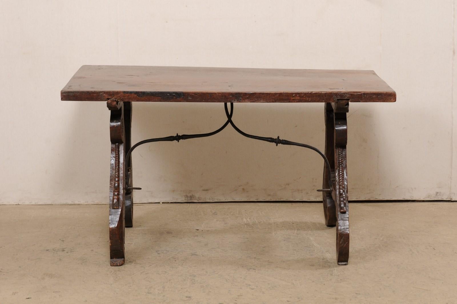 18th C. Spanish Walnut Stretcher Table w/Beautifully Carved Lyre Legs For Sale 3