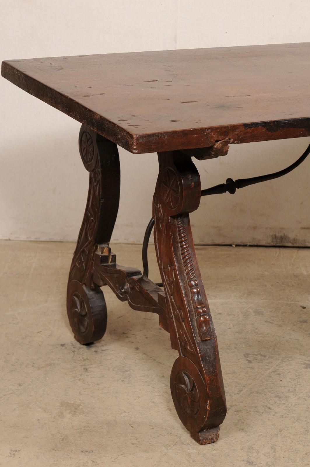 18th C. Spanish Walnut Stretcher Table w/Beautifully Carved Lyre Legs For Sale 4