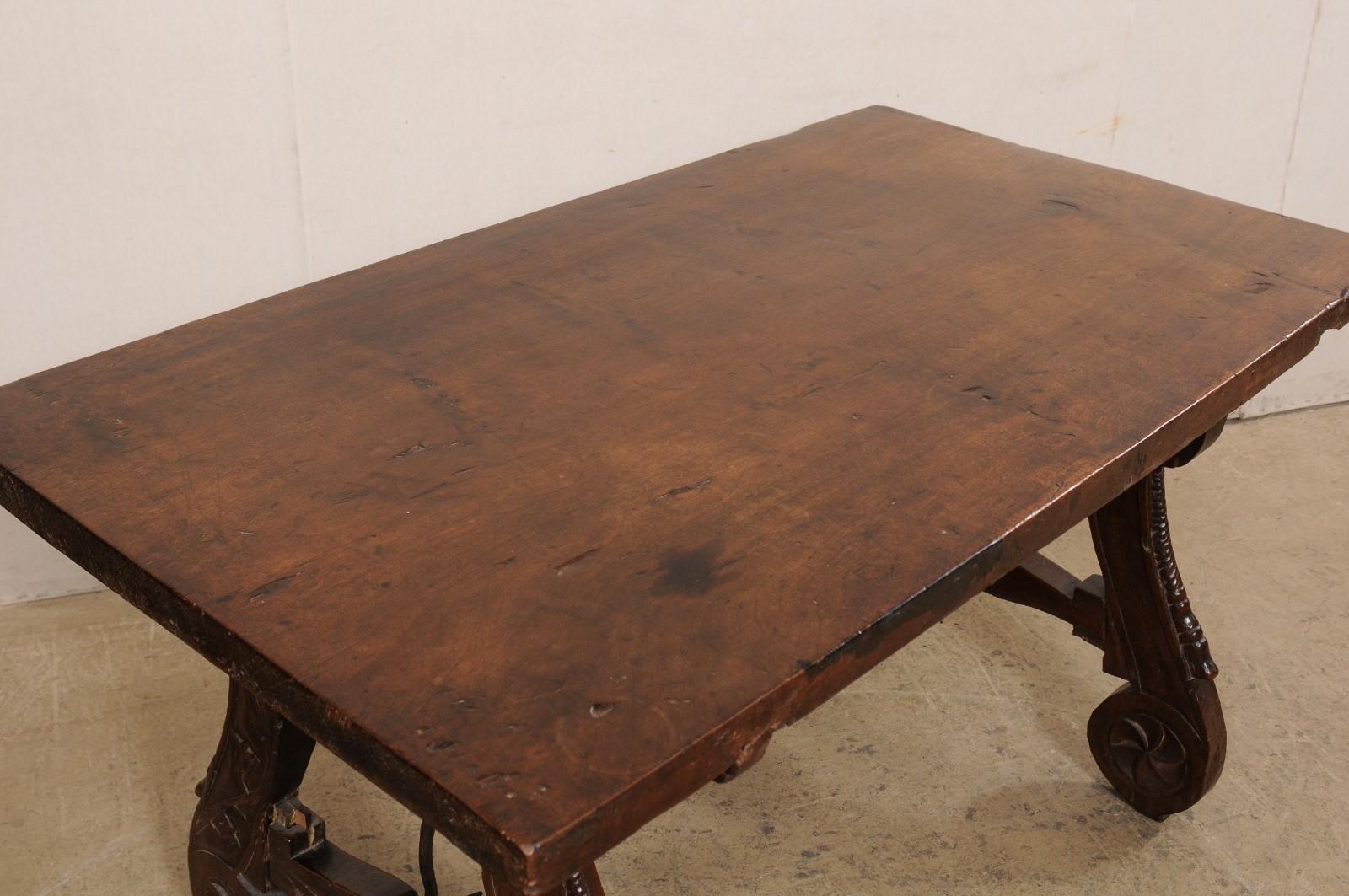 18th C. Spanish Walnut Stretcher Table w/Beautifully Carved Lyre Legs For Sale 5