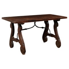 18th C. Spanish Walnut Stretcher Table w/Beautifully Carved Lyre Legs