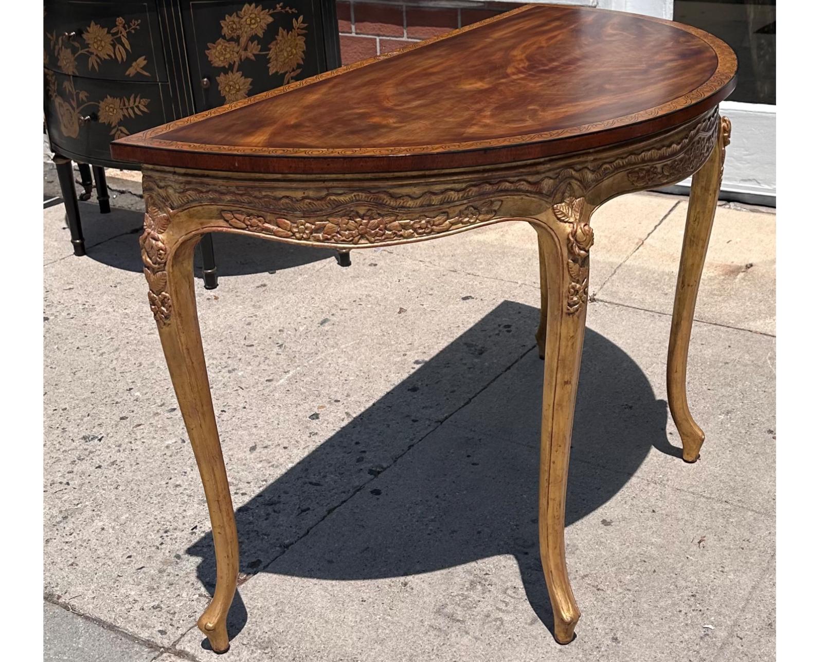 American 18th C Style Burton-Ching Georgian Mahogany & Giltwood Demilune Console Table For Sale