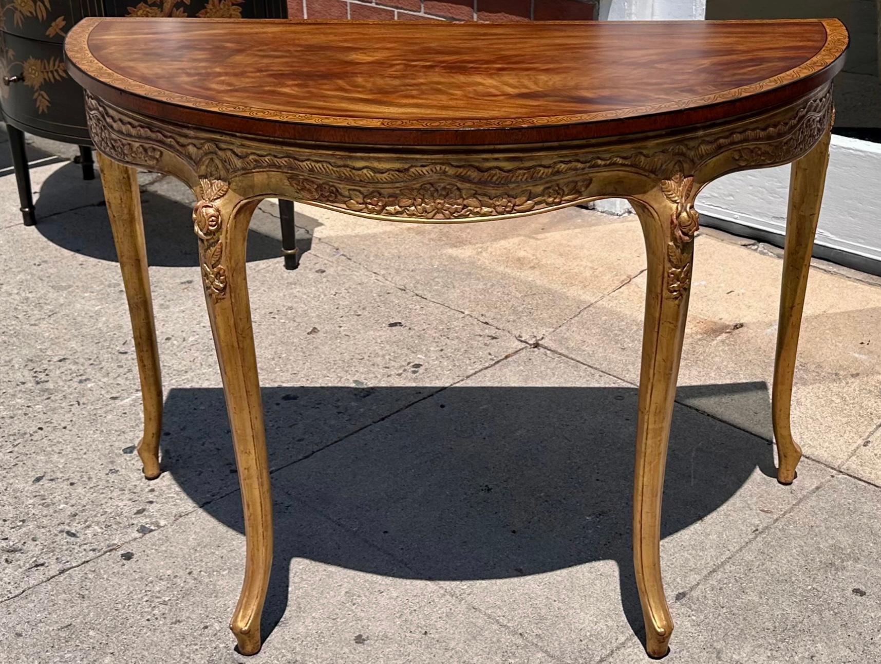 Contemporary 18th C Style Burton-Ching Georgian Mahogany & Giltwood Demilune Console Table For Sale