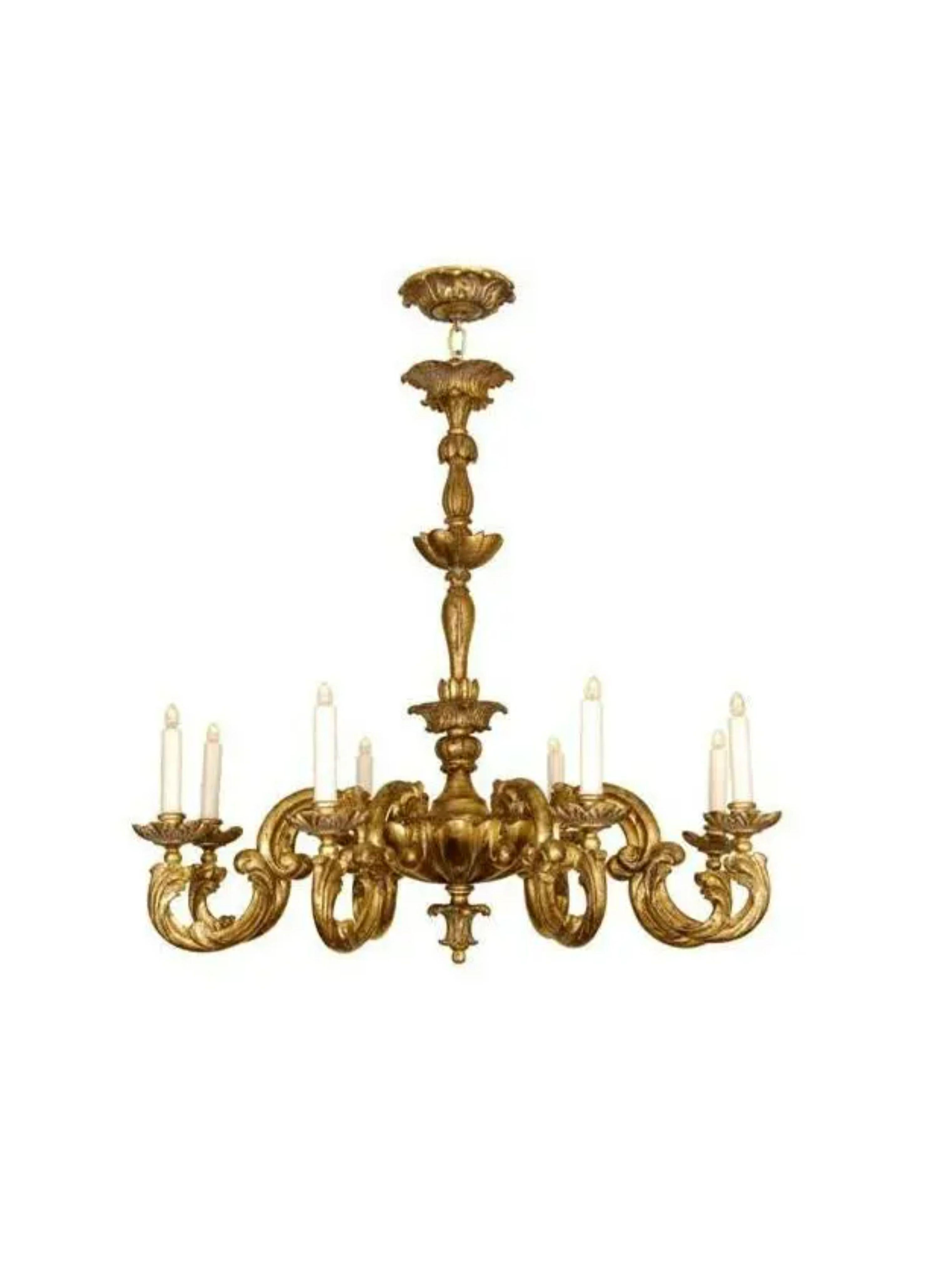 18th C Style Carved Italian Gilt Wood 8 Light Chandelier by Randy Esada for Prospr
Additional information: 
Materials: Lights, Wood
Color: Gold
Brand: Randy Esada Designs for Prospr
Designer: Randy Esada Designs for Prospr
Period: 2010s
Styles: