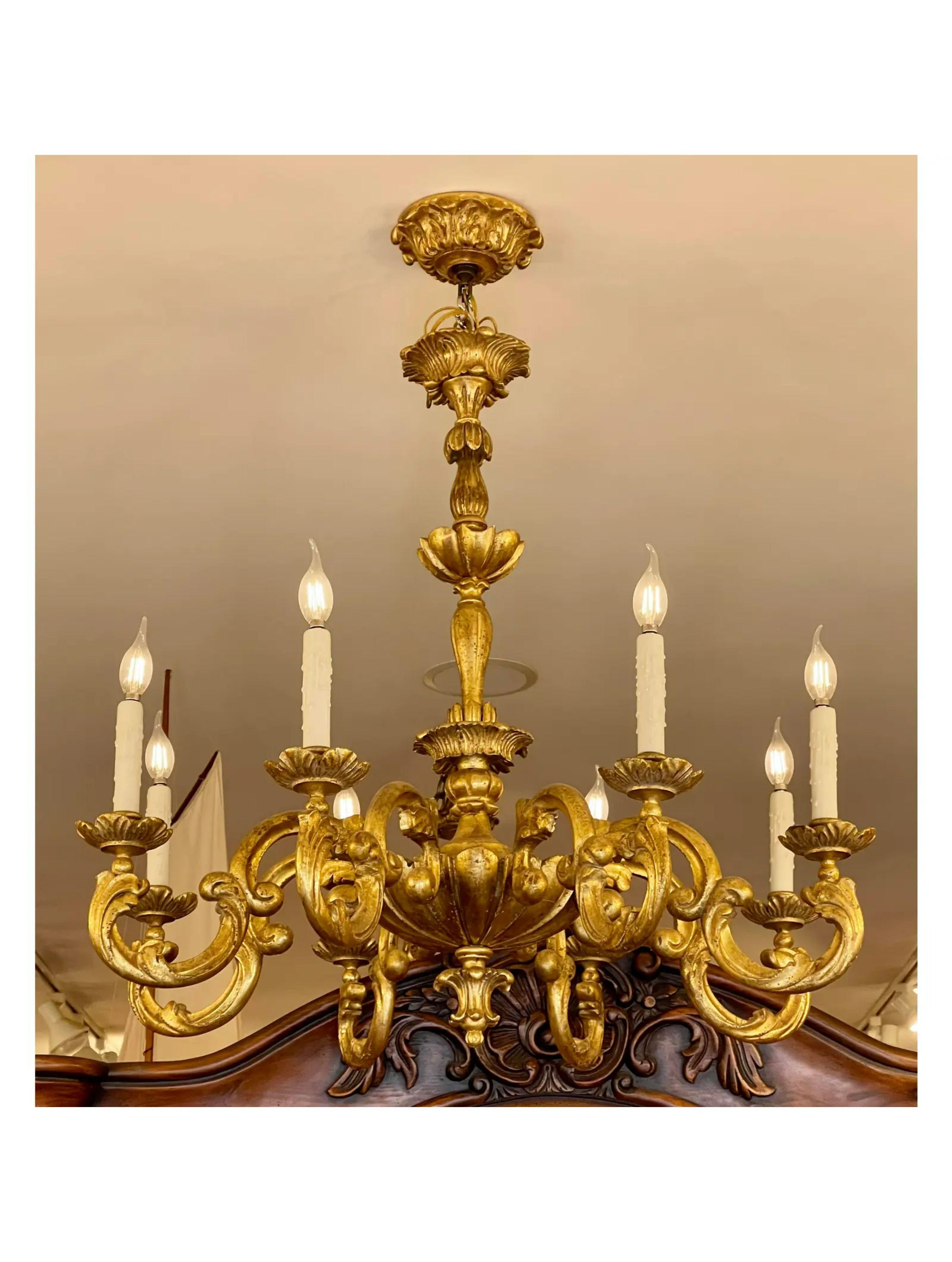 Louis XV 18th C Style Carved Italian Gilt Wood 8 Light Chandelier by Randy Esada For Sale