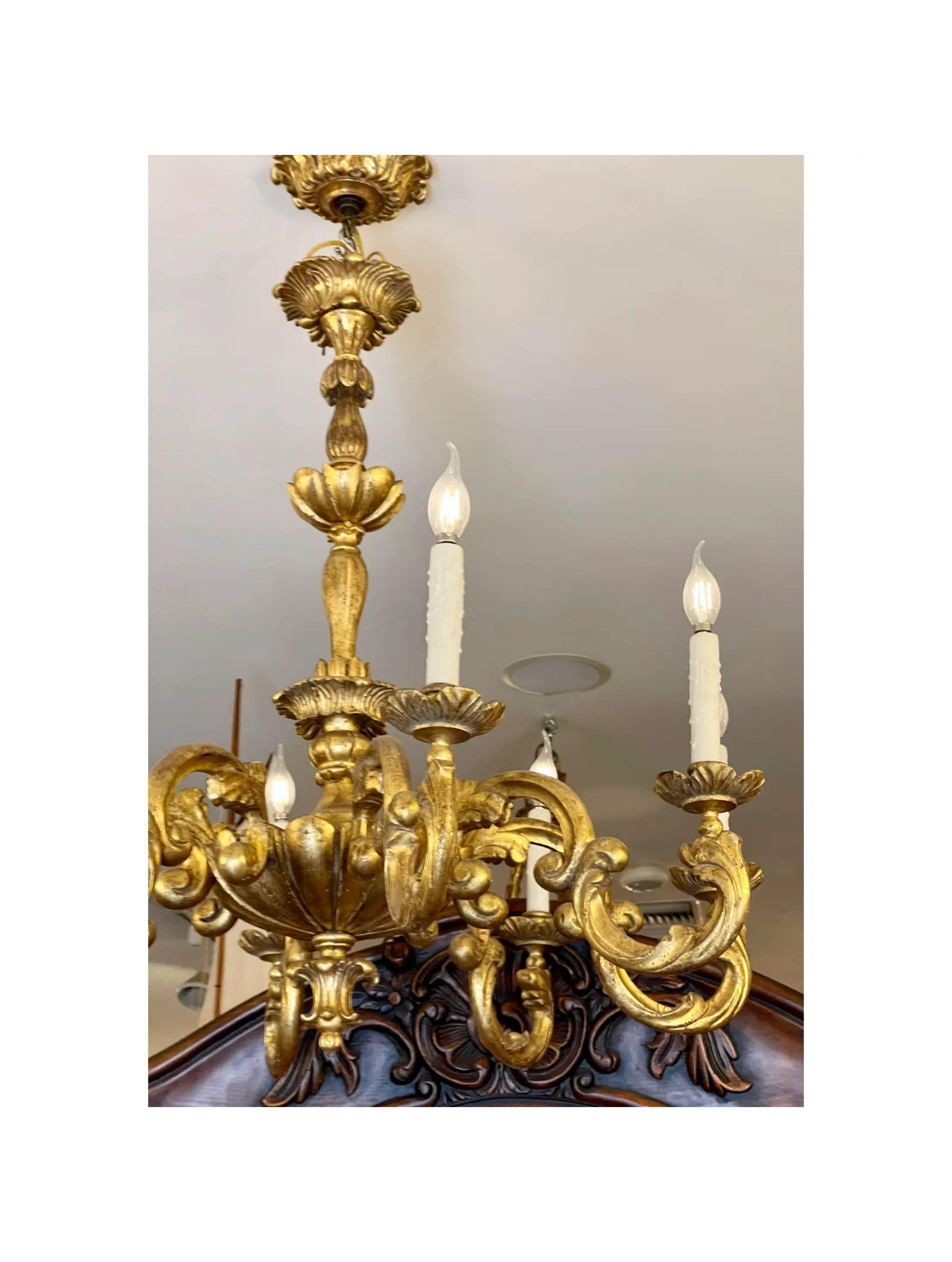 18th C Style Carved Italian Gilt Wood 8 Light Chandelier by Randy Esada In Good Condition For Sale In LOS ANGELES, CA