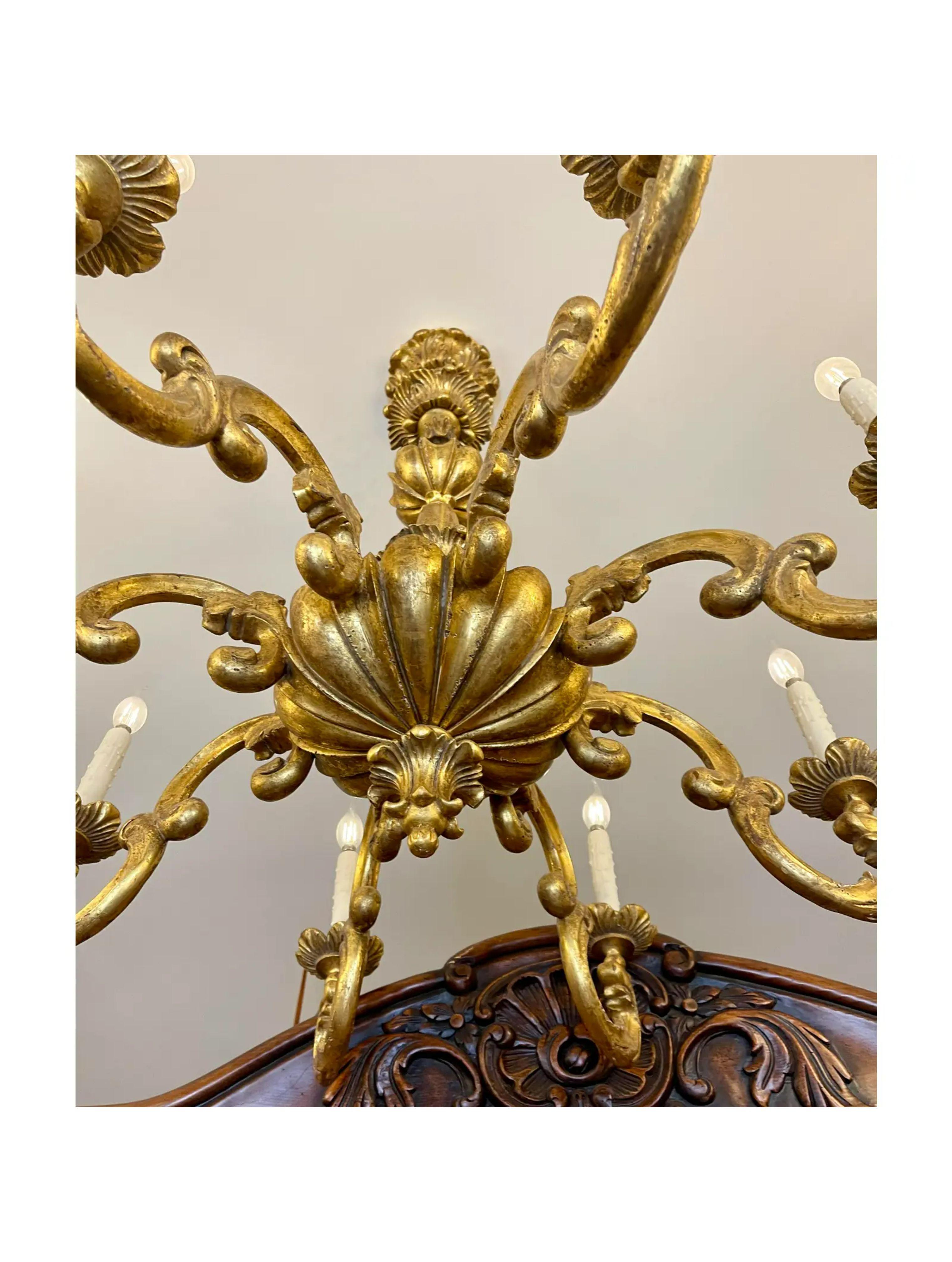 Contemporary 18th C Style Carved Italian Gilt Wood 8 Light Chandelier by Randy Esada For Sale