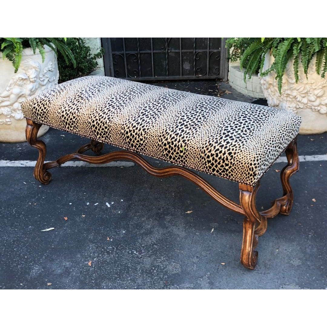 Rustic Carved Italian Walnut Bench w Clarence House Cheetah Velvet