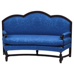 Vintage 18th C Style Carved Walnut Schumacher Blue Damask Curved Sofa Settee