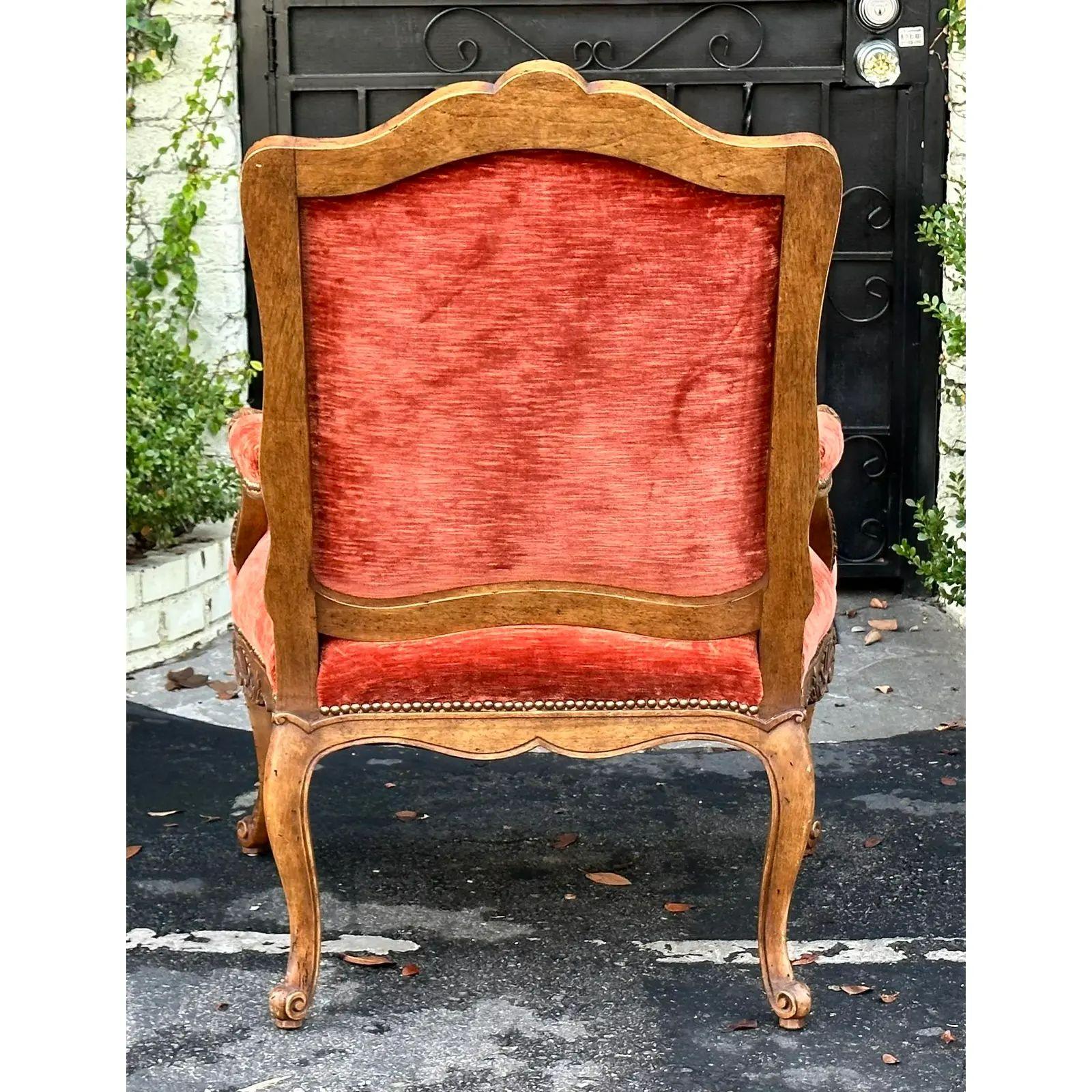 Spanish Colonial 18th Century Style Ebanista Carved Italian Fauteuil armchair with Red Velvet
