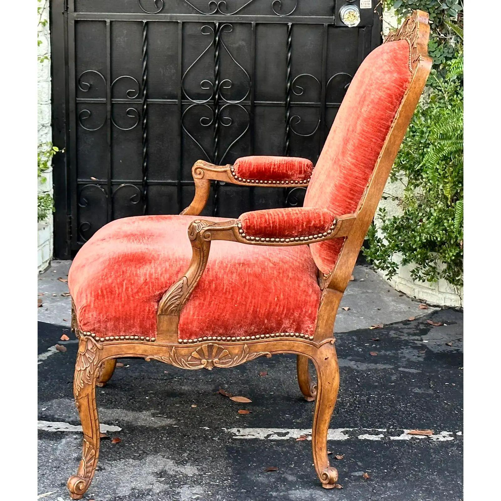 20th Century 18th Century Style Ebanista Carved Italian Fauteuil armchair with Red Velvet
