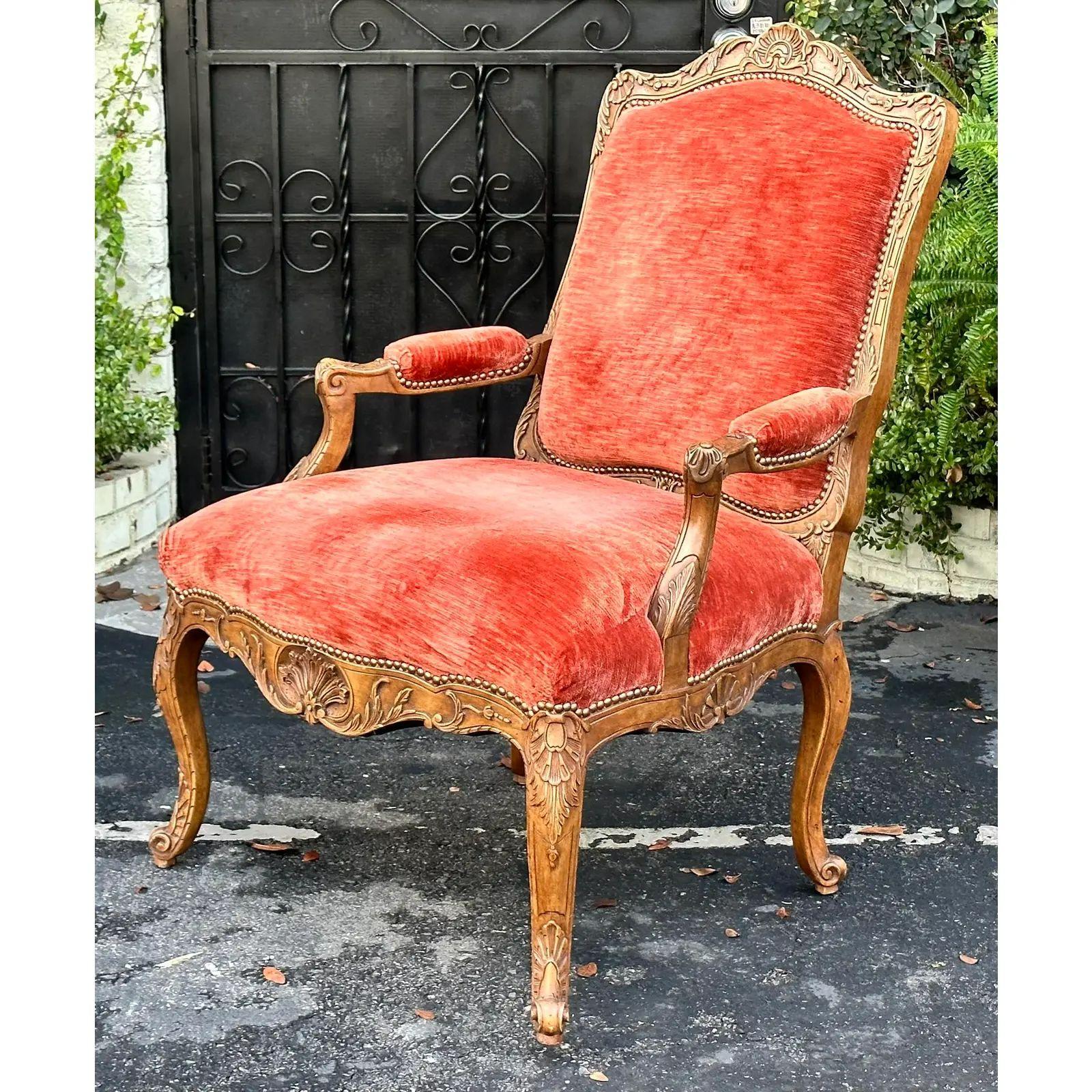 Walnut 18th Century Style Ebanista Carved Italian Fauteuil armchair with Red Velvet