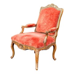 Used 18th Century Style Ebanista Carved Italian Fauteuil armchair with Red Velvet