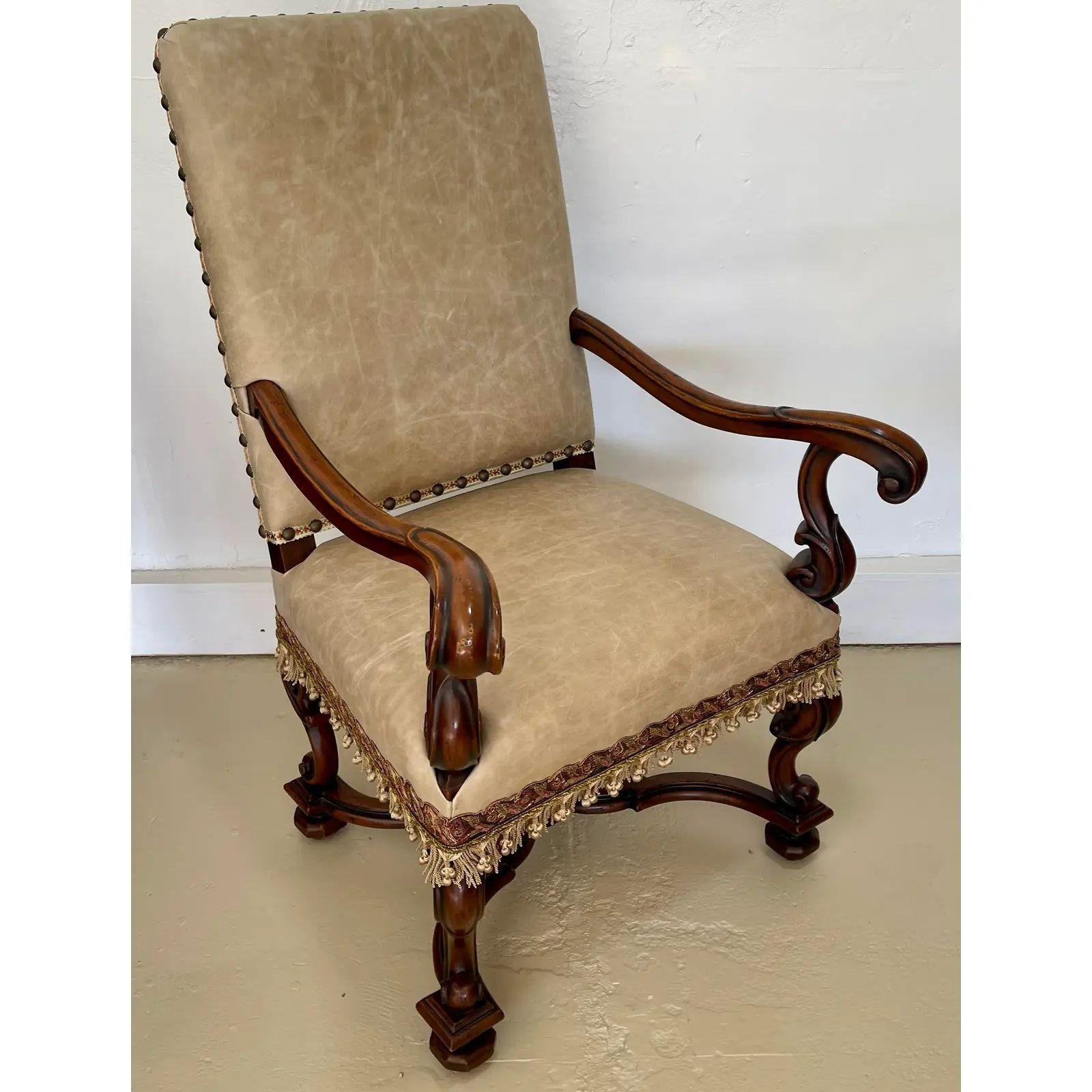 20th Century 18th C Style Ebanista Spanish Colonial Dining Chair with Leather Armorial Crest For Sale