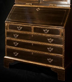 18th C Style George I Black Lacquered Secretary Bookcase Cabonet