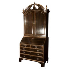 18th C Style George I Black Lacquered Secretary Bookcase Cabonet