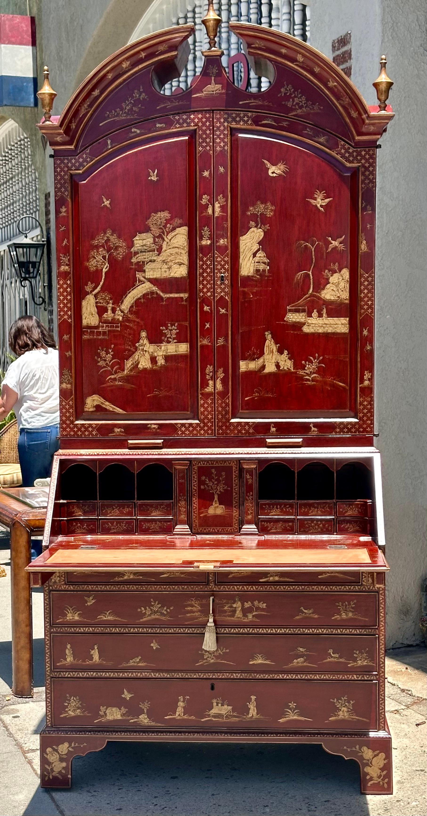 18th C Style George I Red Chinoiserie Decorated Secretary Desk by Burton-Ching For Sale 3