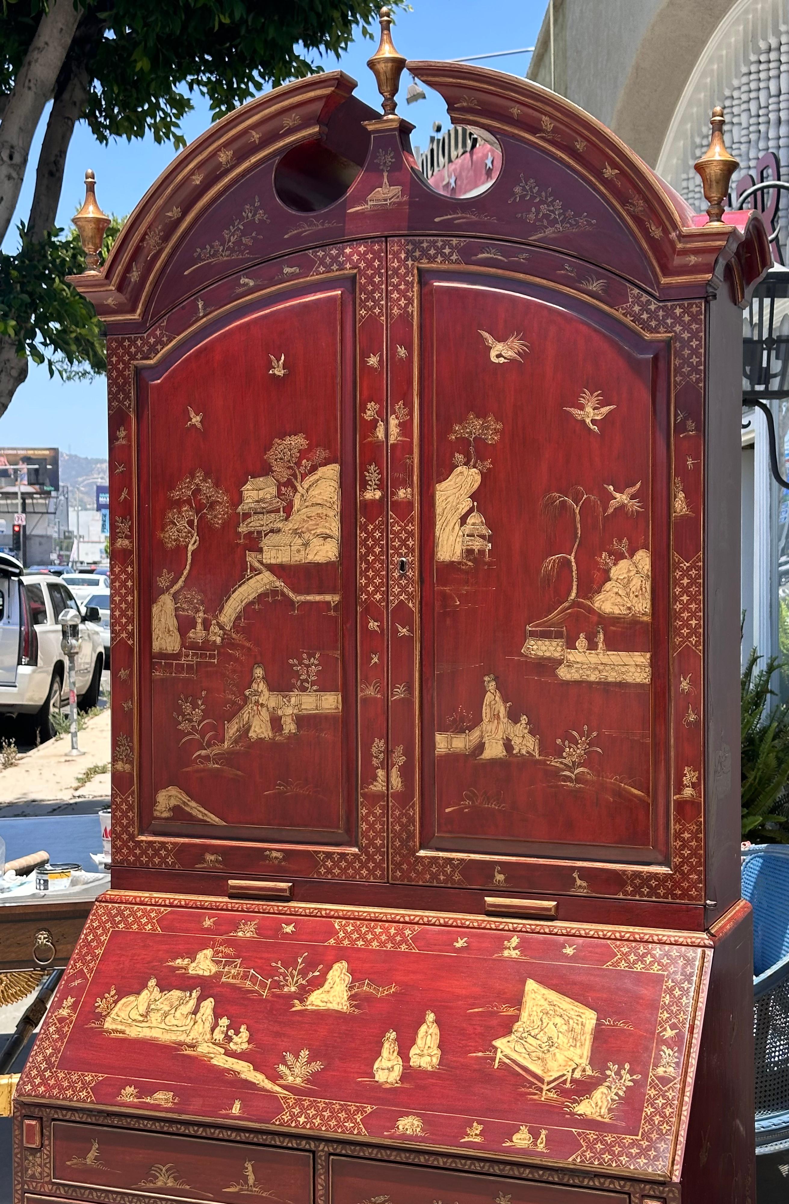 18th C Style George I Red Chinoiserie Decorated Secretary Desk by Burton-Ching For Sale 4