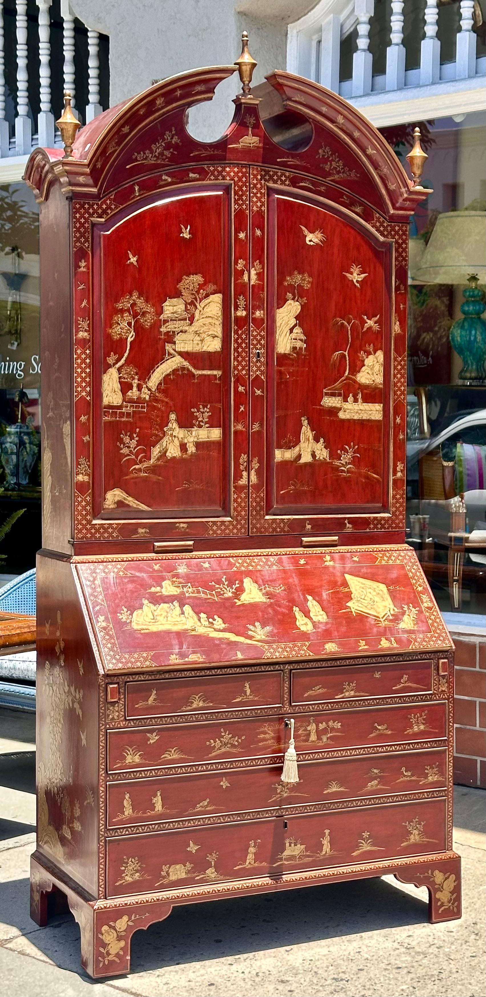 18th C Style George I Red Chinoiserie Decorated Secretary Desk by Burton-Ching For Sale 5