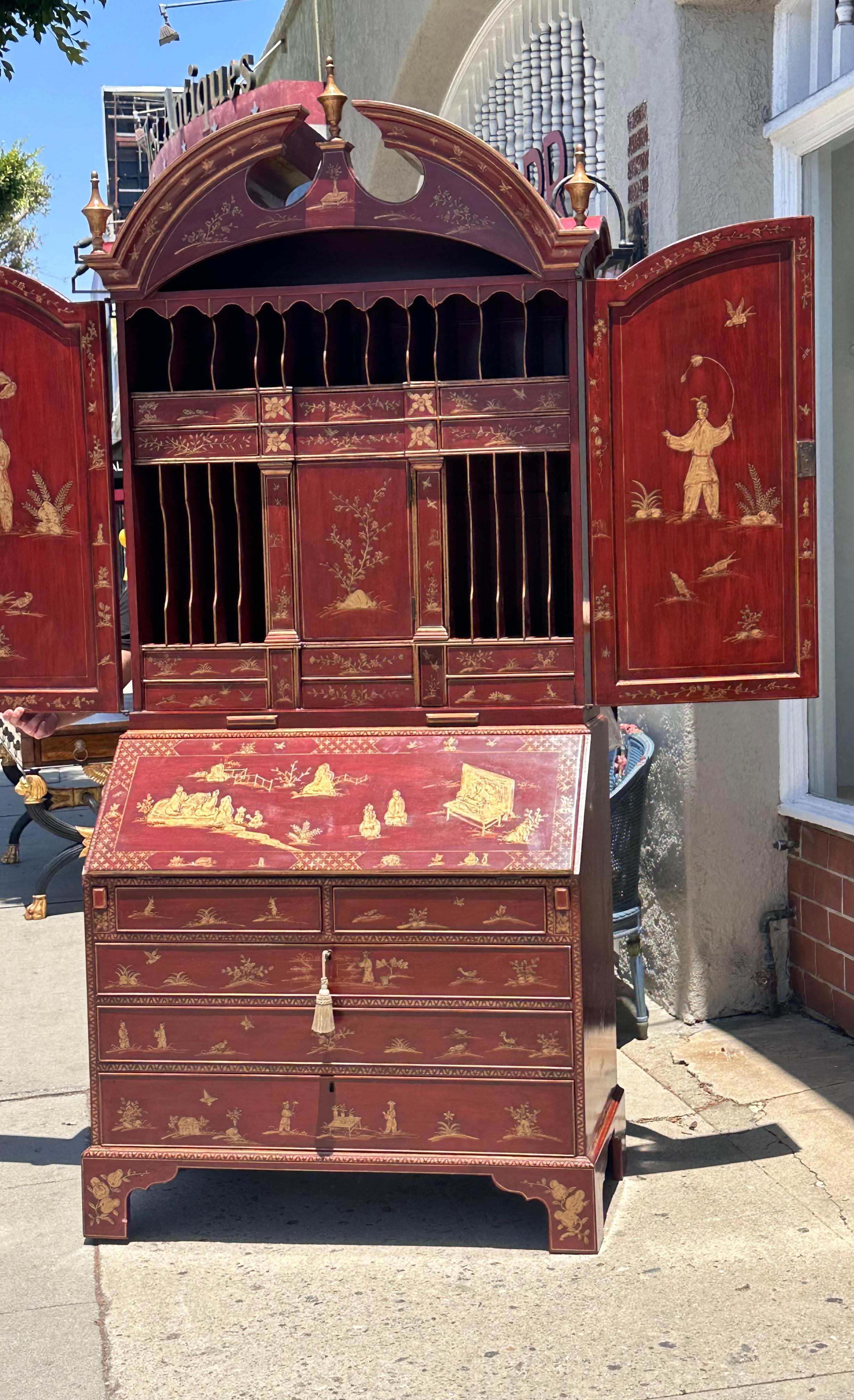 18th C Style George I Red Chinoiserie Decorated Secretary Desk by Burton-Ching.