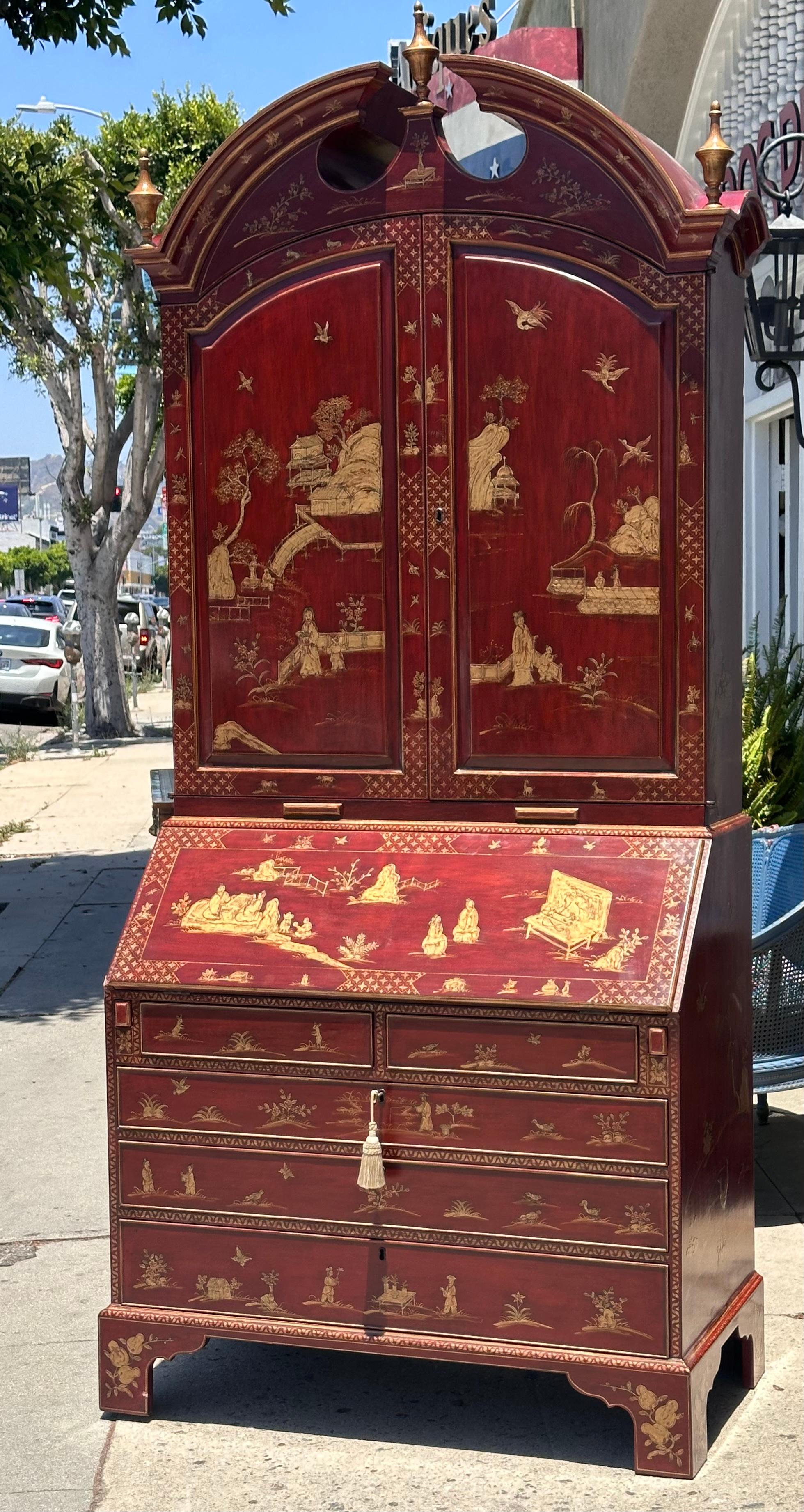 Georgian 18th C Style George I Red Chinoiserie Decorated Secretary Desk by Burton-Ching For Sale