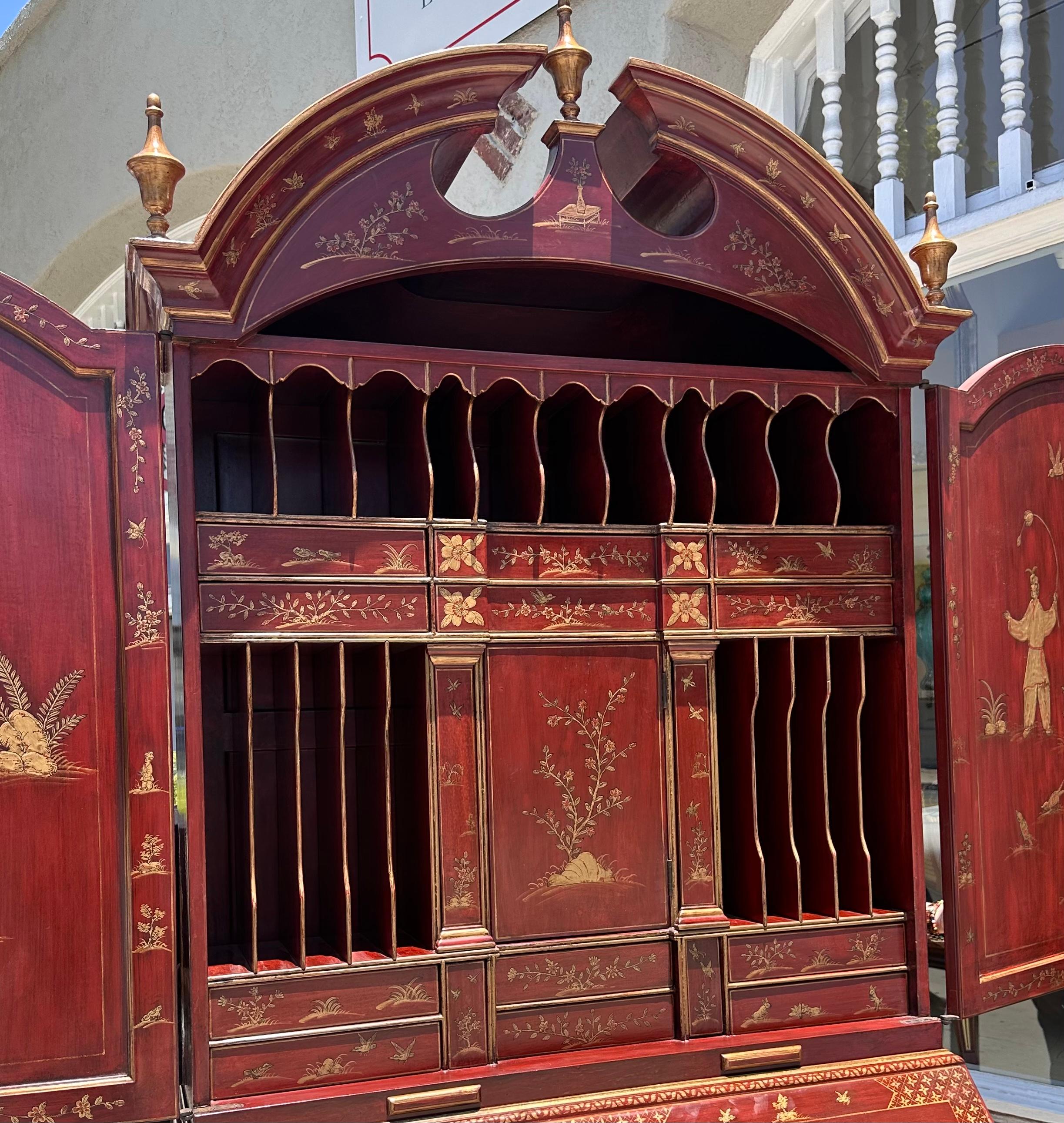 18th C Style George I Red Chinoiserie Decorated Secretary Desk by Burton-Ching In Good Condition For Sale In LOS ANGELES, CA