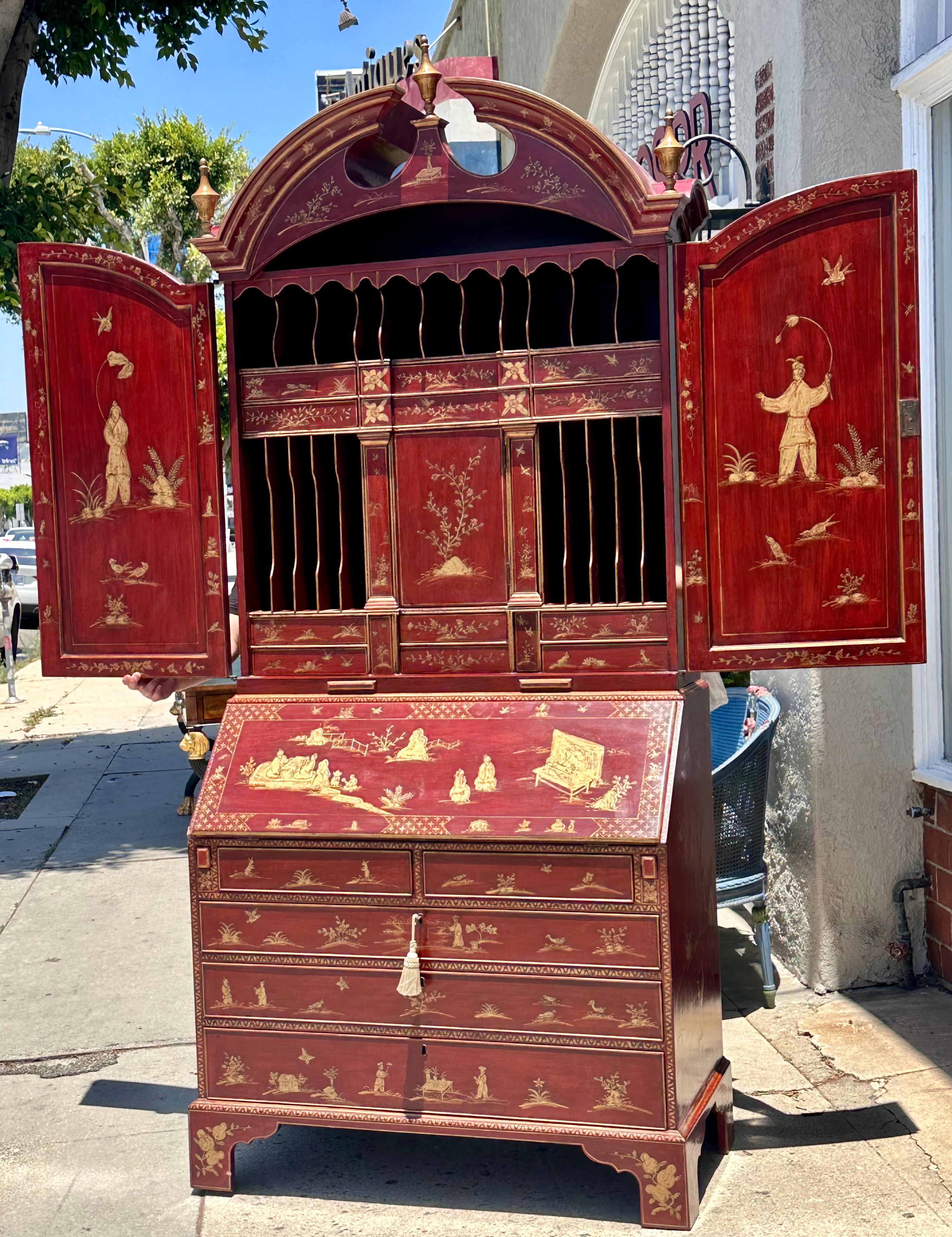 18th C Style George I Red Chinoiserie Decorated Secretary Desk by Burton-Ching For Sale 1