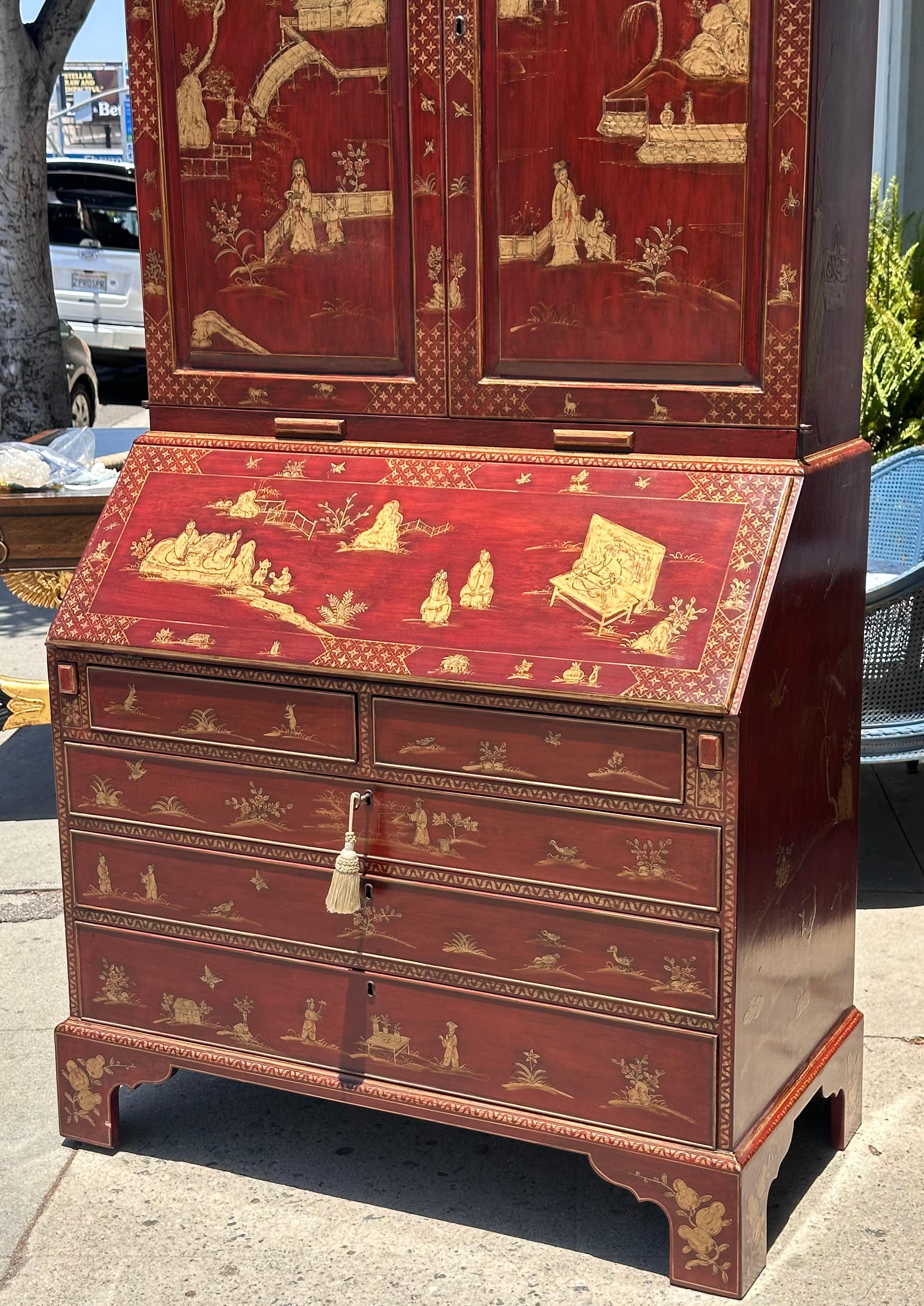 18th C Style George I Red Chinoiserie Decorated Secretary Desk by Burton-Ching For Sale 2