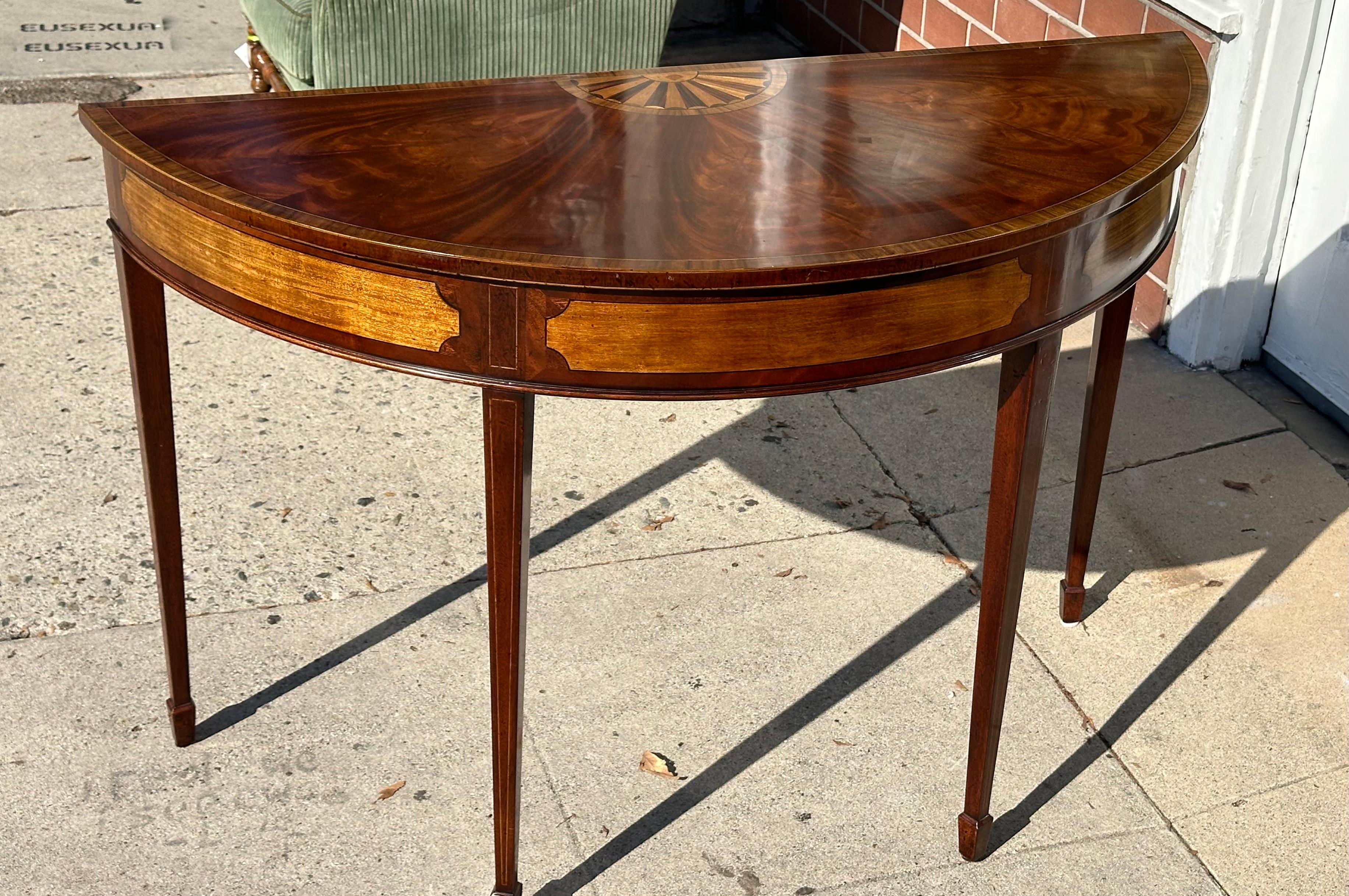 18th C Style George III Inlaid Demilune Console Table by Burton-Ching In Good Condition For Sale In LOS ANGELES, CA