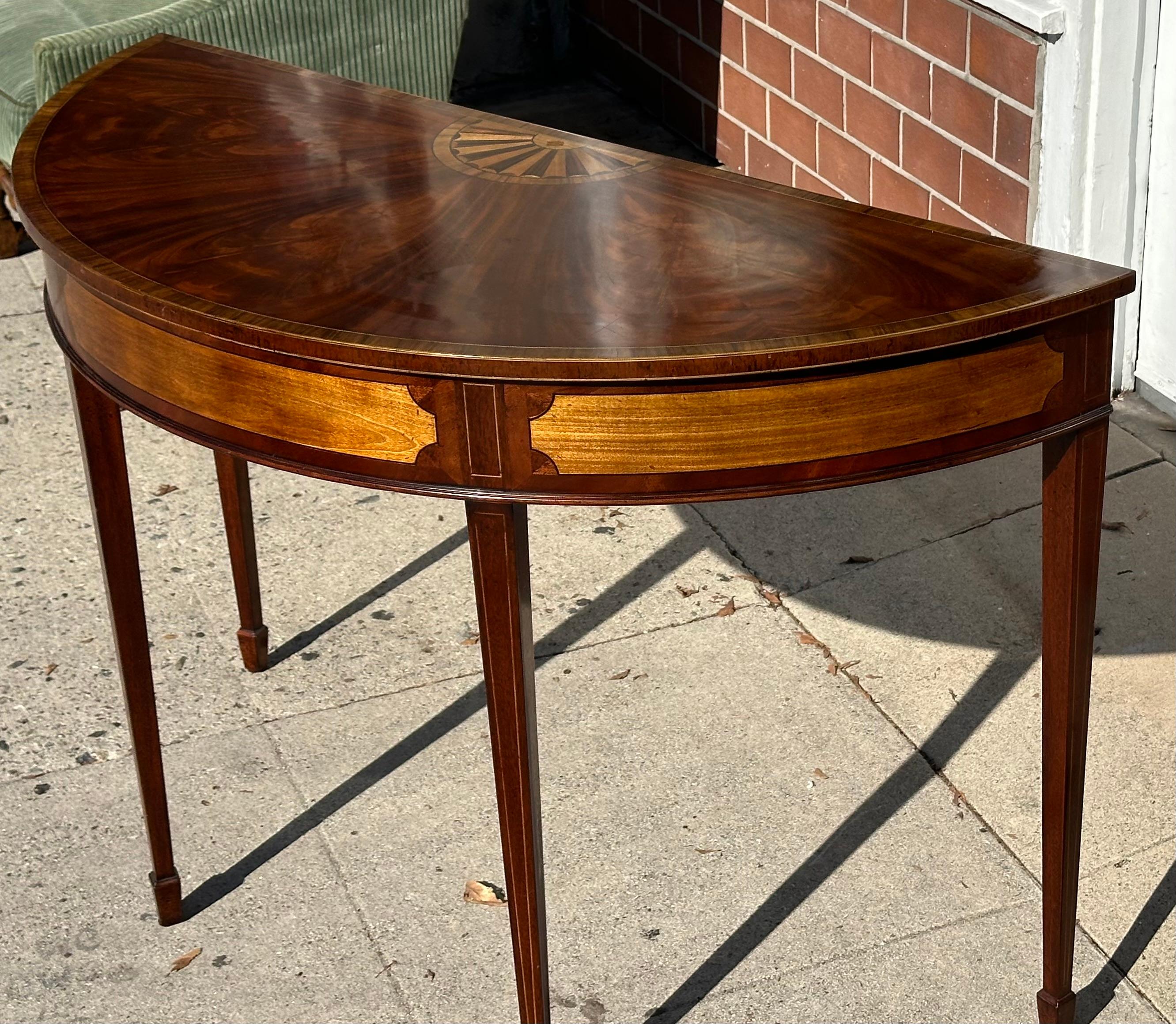 Mahogany 18th C Style George III Inlaid Demilune Console Table by Burton-Ching For Sale