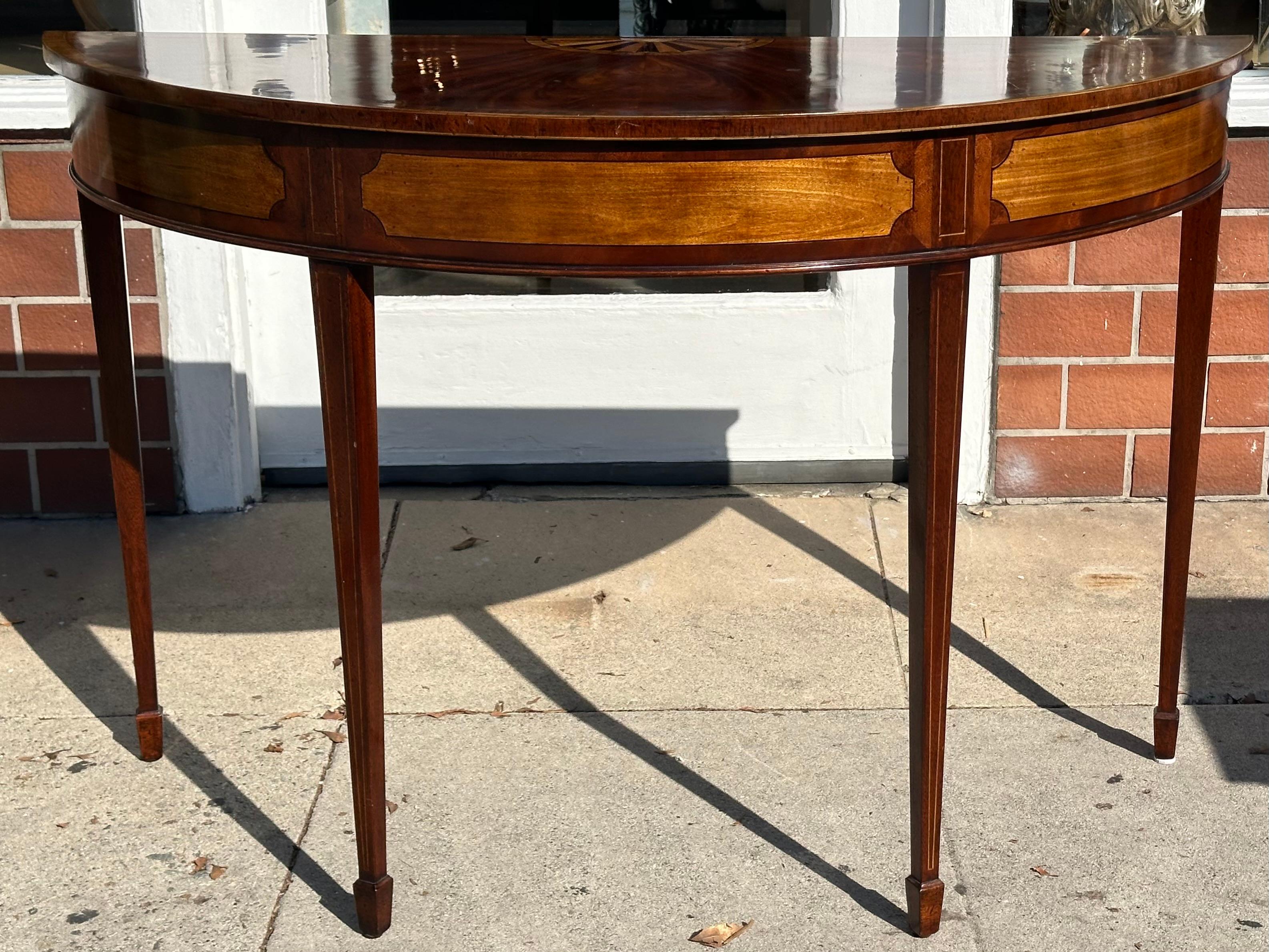 18th C Style George III Inlaid Demilune Console Table by Burton-Ching For Sale 1