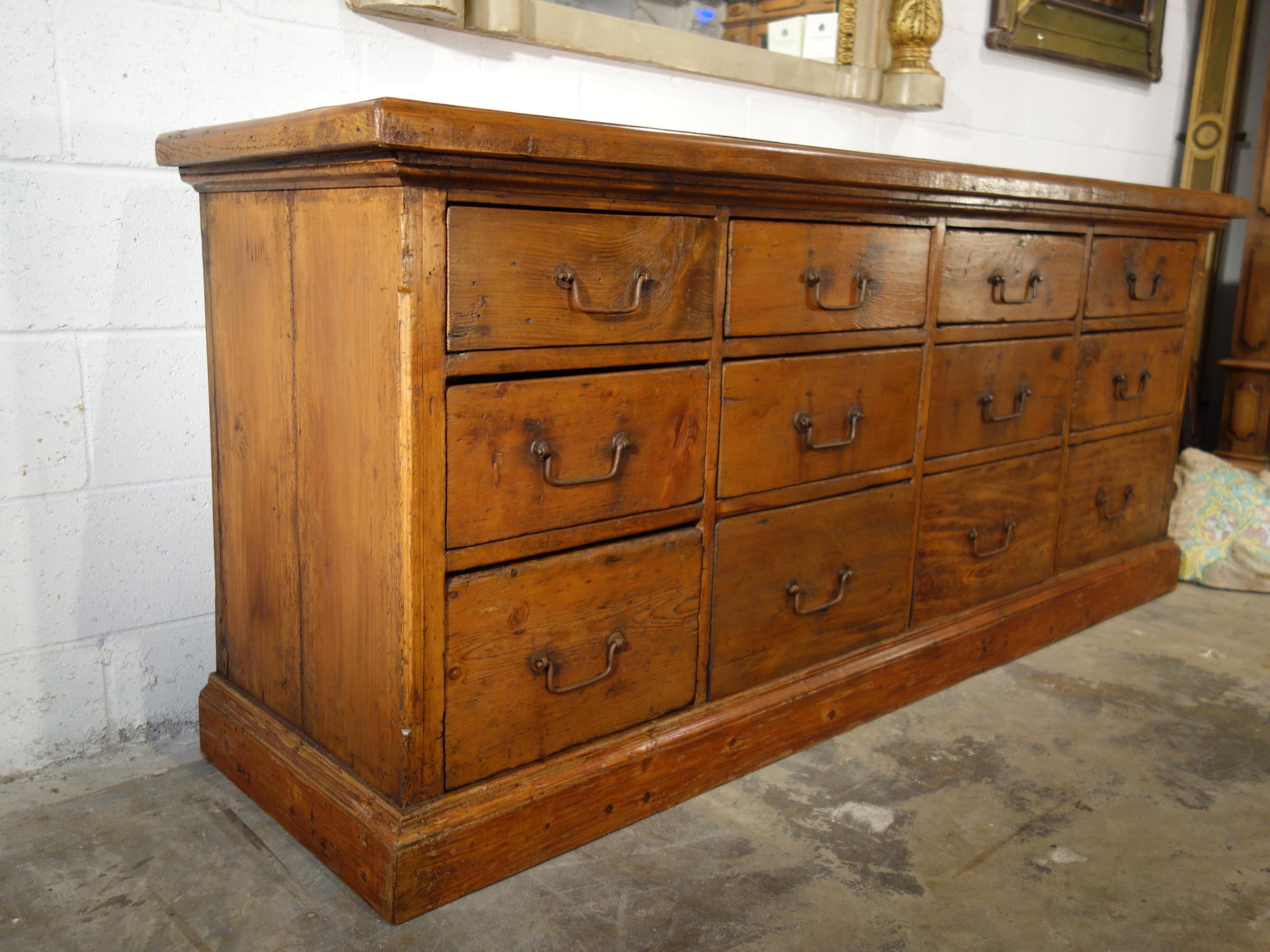 18th C Style Italian Old Fir 12 Drawer Pharmacy Cabinet custom quote In Good Condition In Encinitas, CA