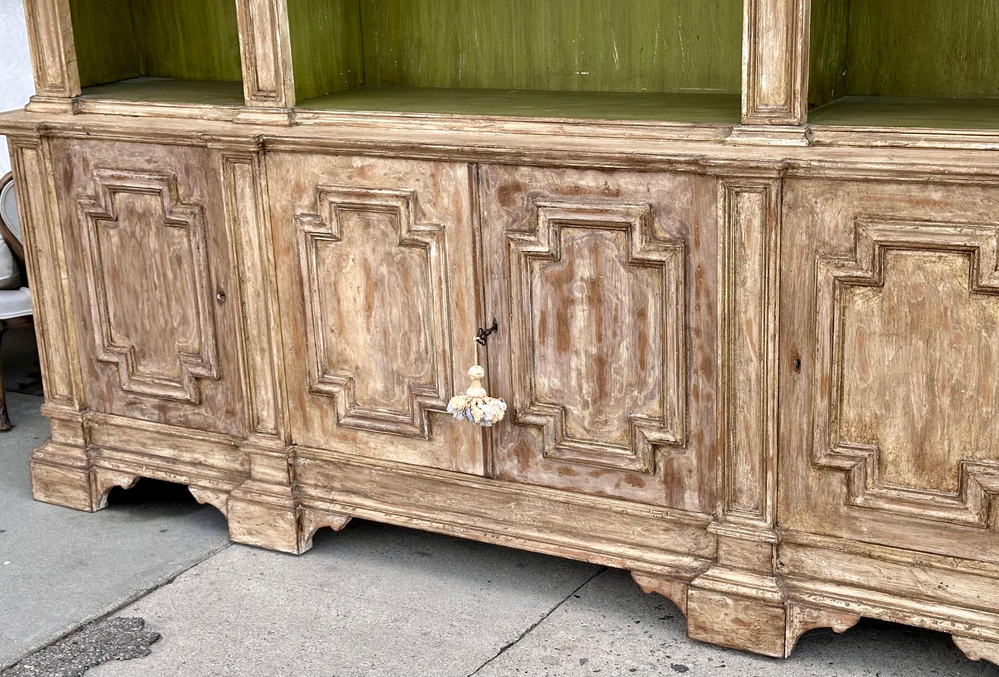 Neoclassical 18th C Style Italian Paint Decorated Breakfront Bookcase Cabinet