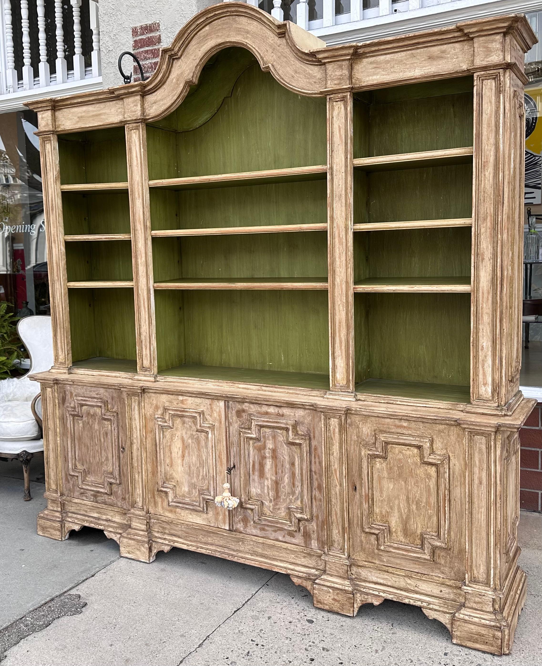 American 18th C Style Italian Paint Decorated Breakfront Bookcase Cabinet