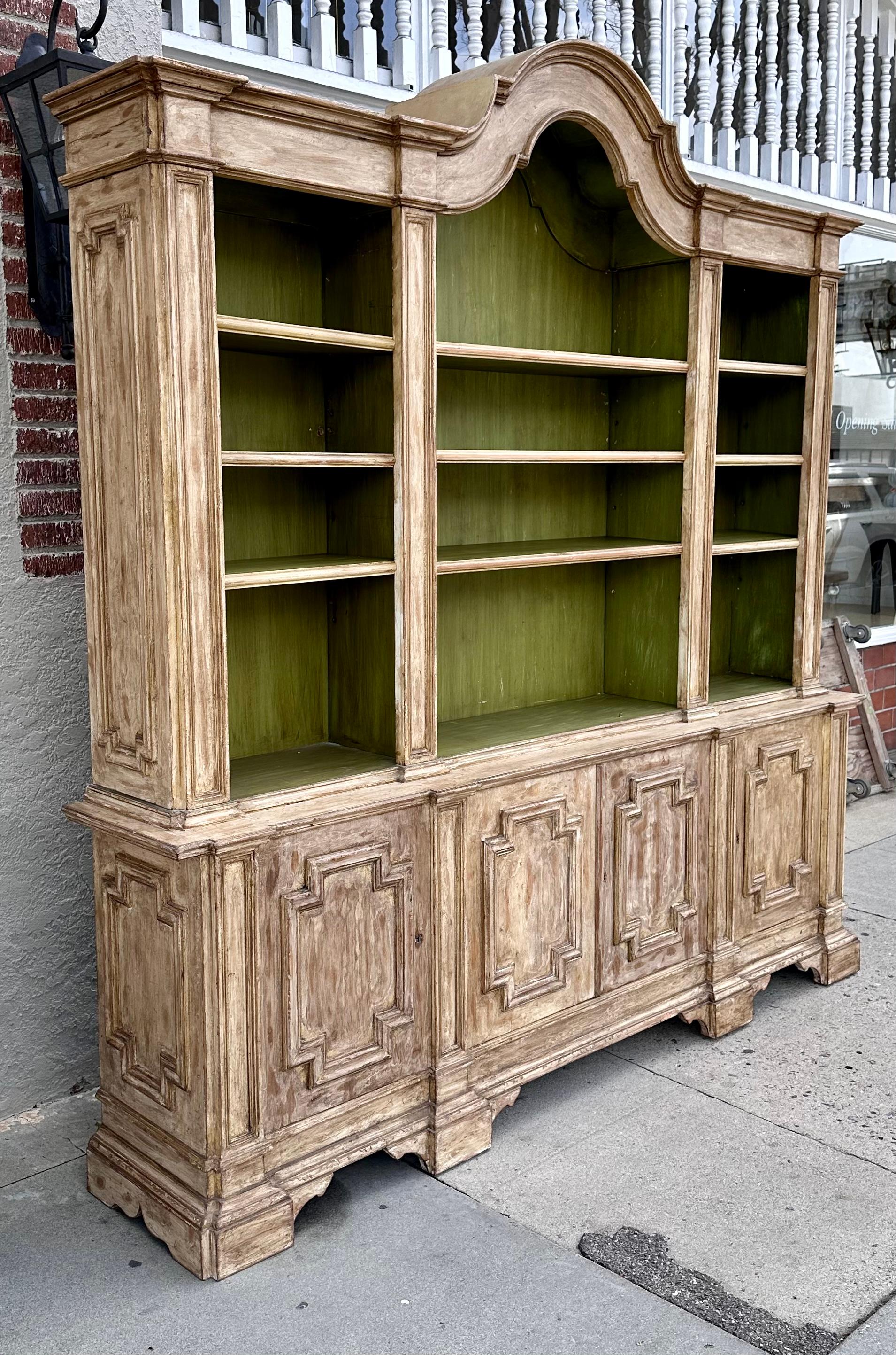20th Century 18th C Style Italian Paint Decorated Breakfront Bookcase Cabinet
