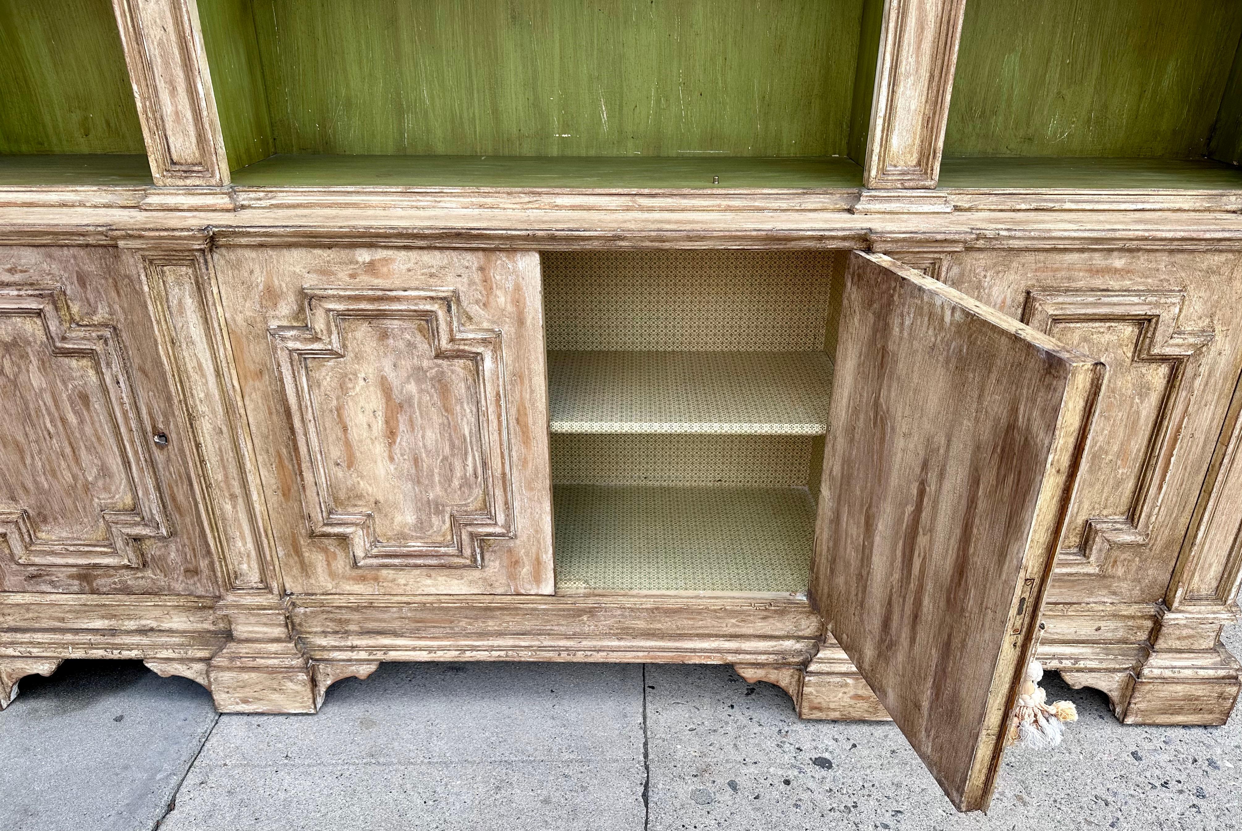 Wood 18th C Style Italian Paint Decorated Breakfront Bookcase Cabinet