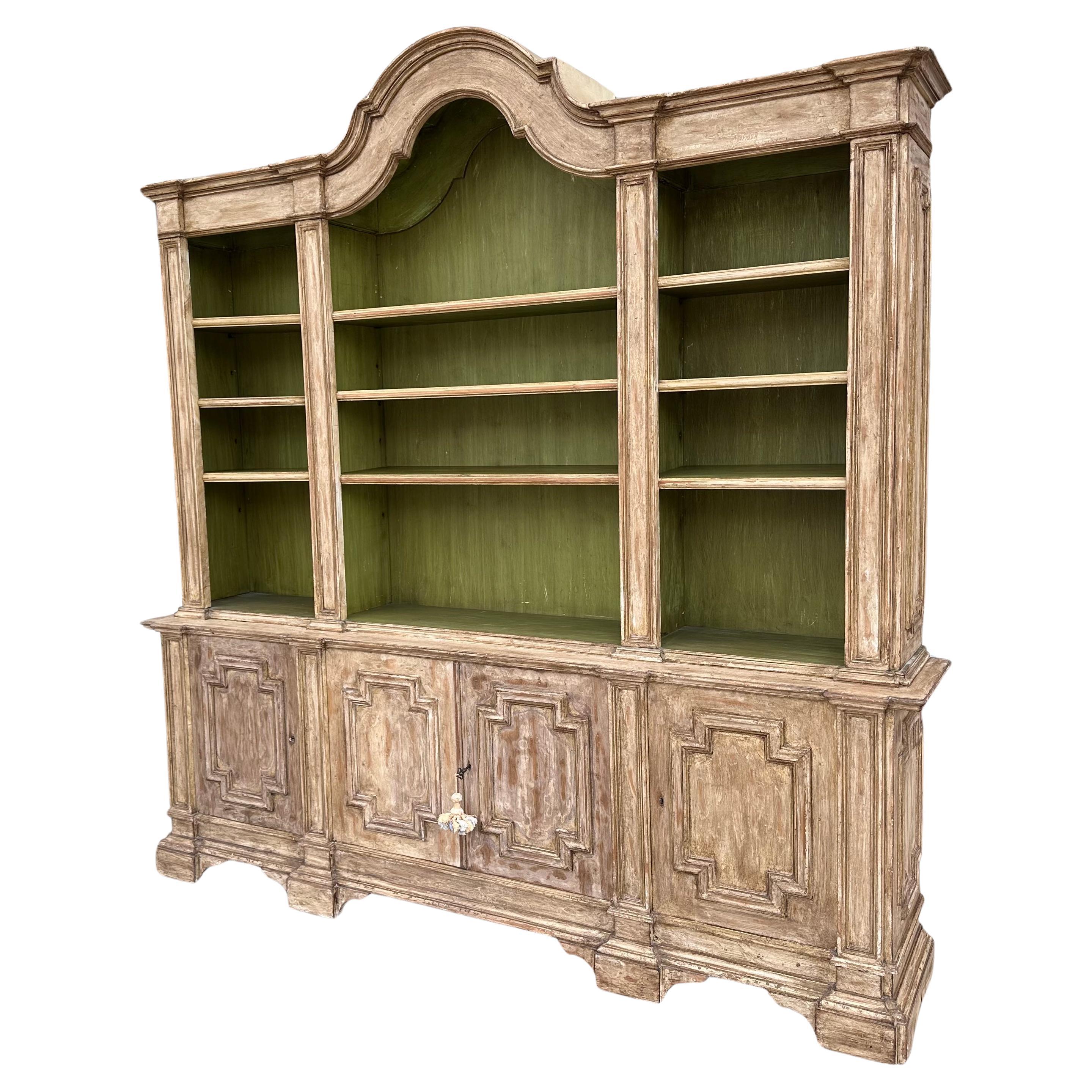 18th C Style Italian Paint Decorated Breakfront Bookcase Cabinet