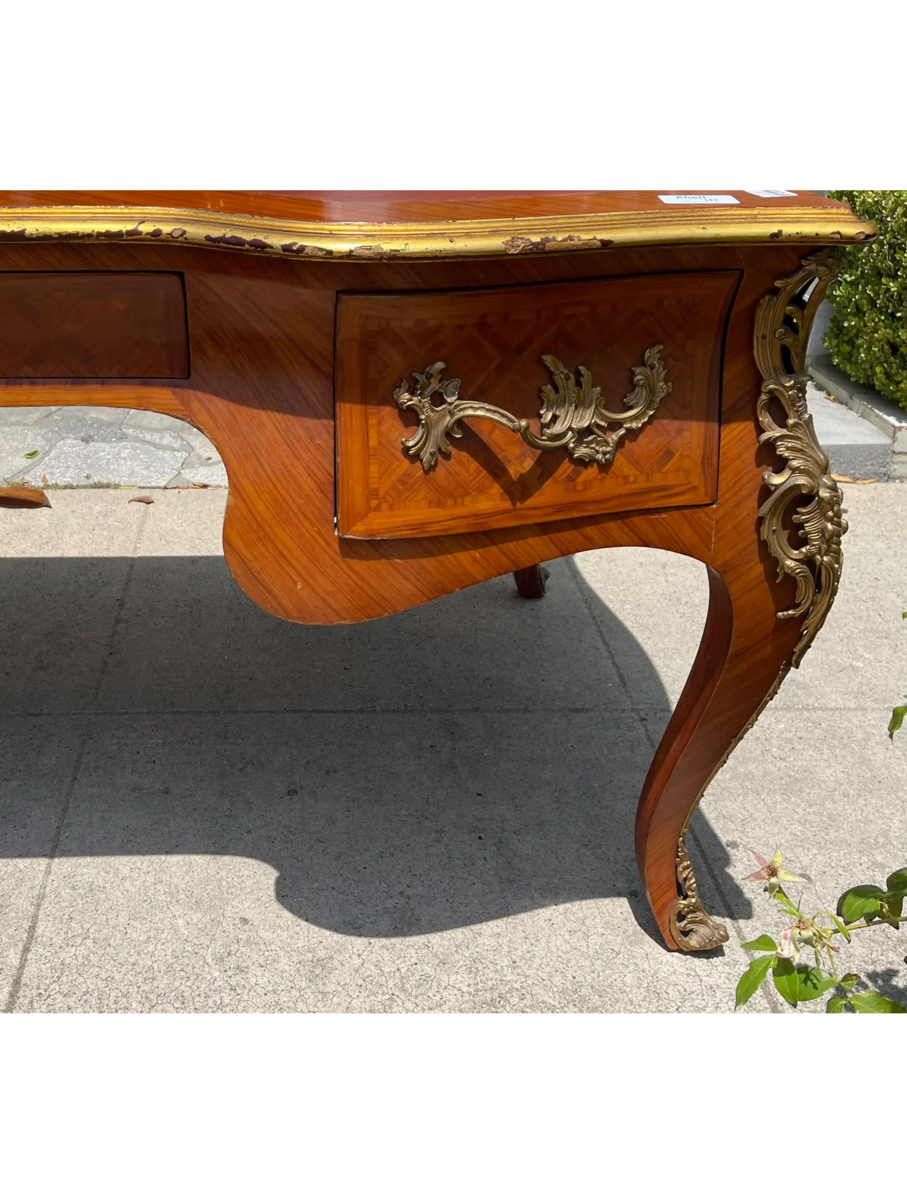 20th Century 18th C Style Parquetry Inlaid & Giltwood Bureau Plat Writing Table Desk