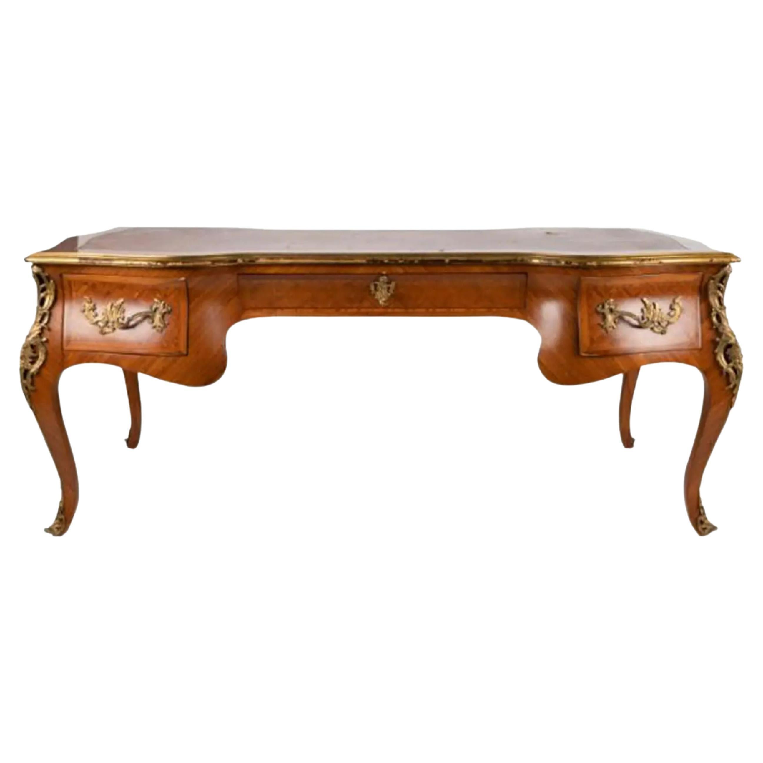 18th C Style Parquetry Inlaid & Giltwood Bureau Plat Writing Table Desk